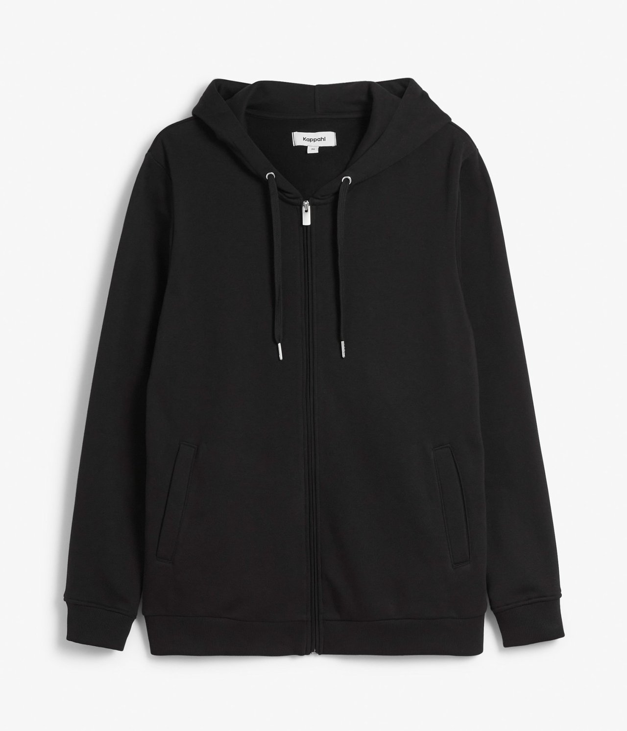 Widok z przodu czarnej męskiej bluzy z kapturem na zamek, ze sznurkiem w kapturze i kieszeniami.