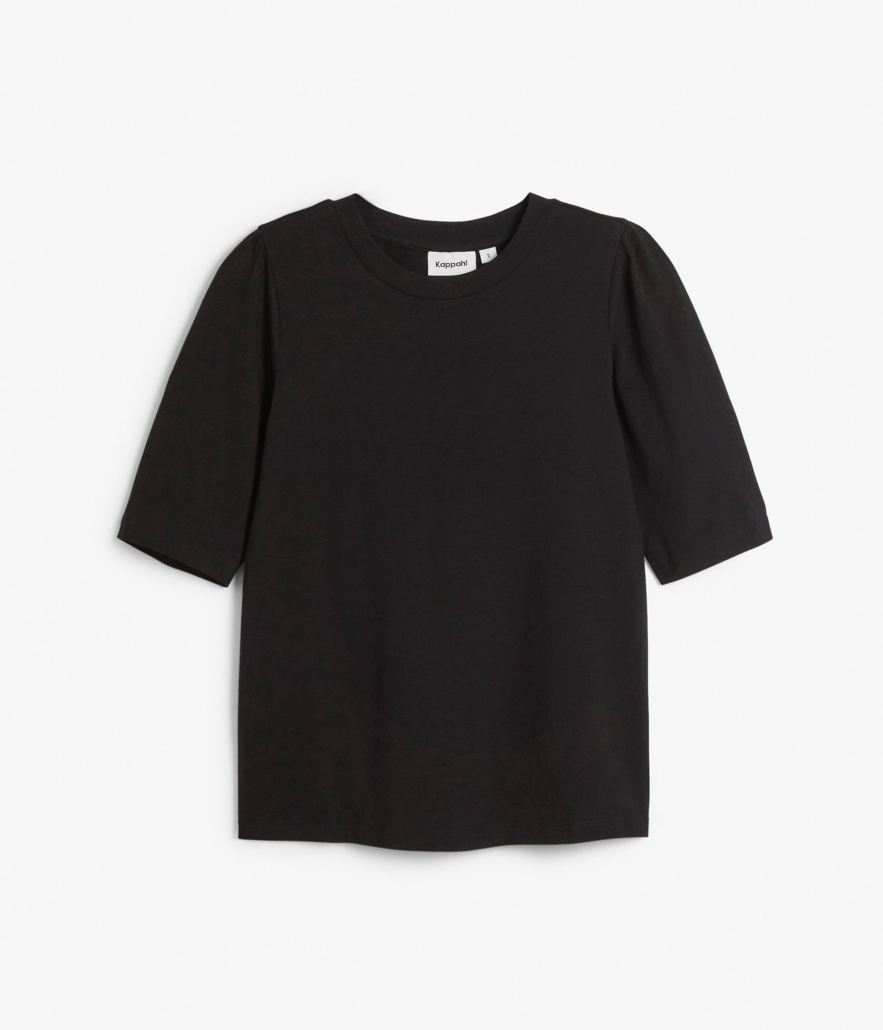 Frontvisning av en svart bomullstopp med korte puffermer og rund hals.