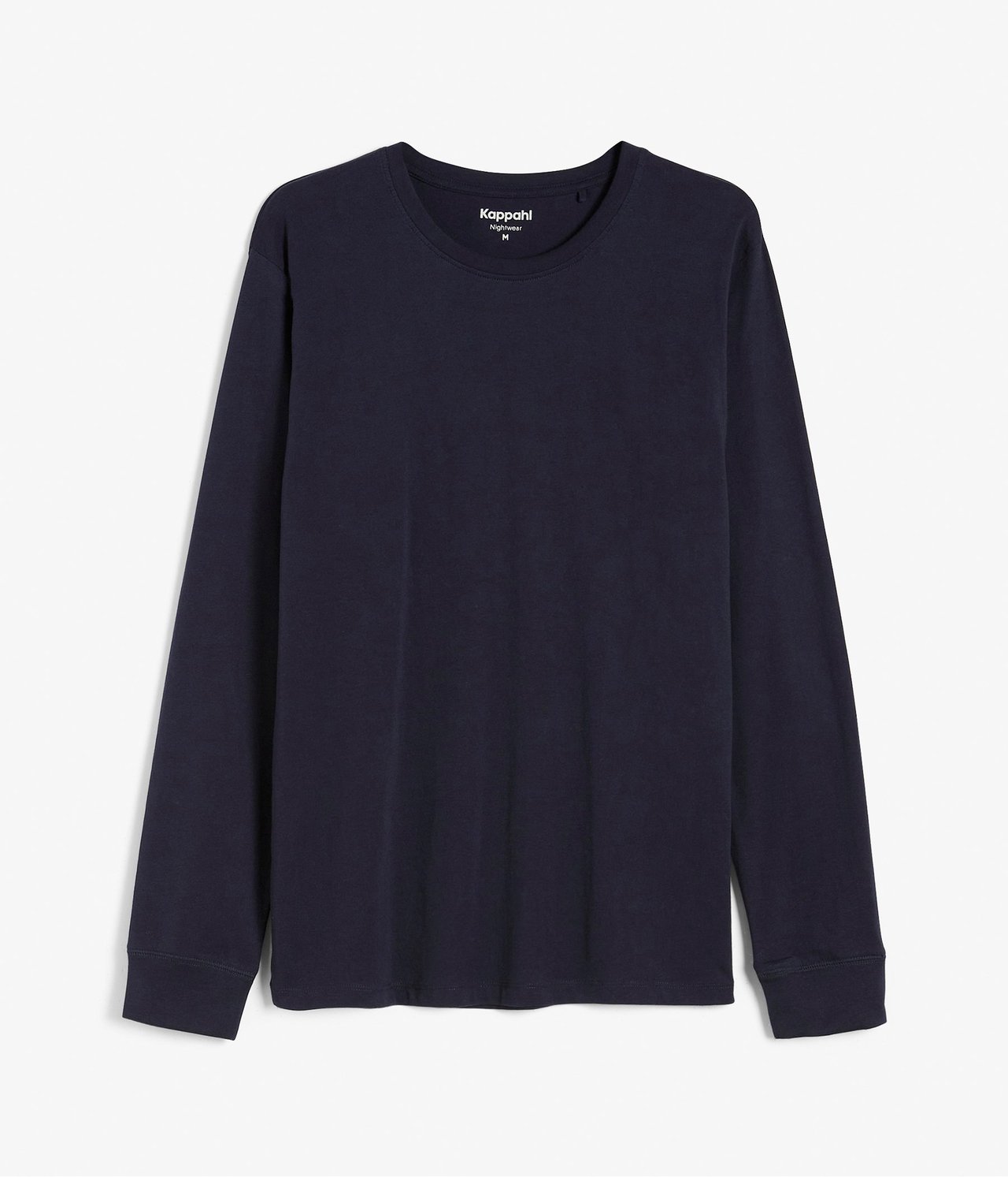 Widok z przodu męskiej granatowej piżamy z długim rękawem i okrągłym dekoltem, z bawełny.