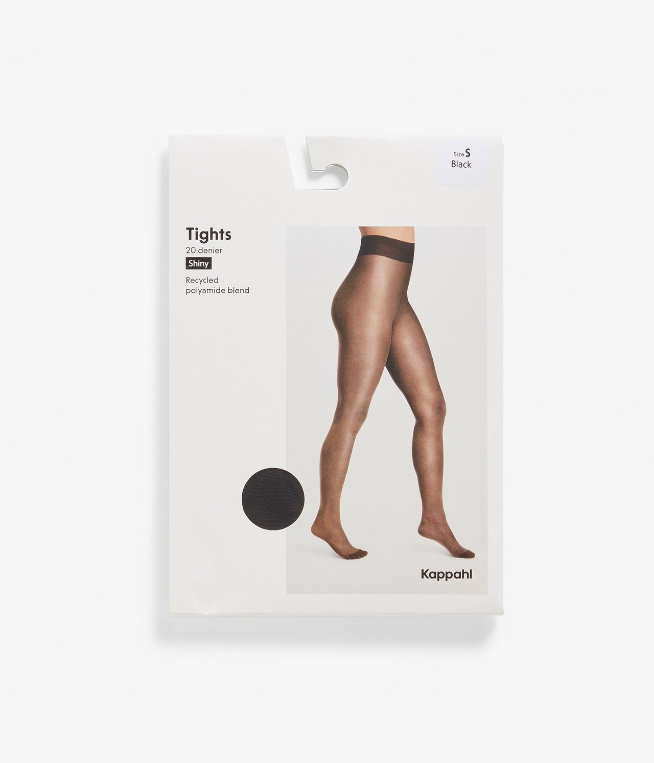 Edestä: mustat kiiltävät 20 denierin sukkahousut pakkauksessa naisen jalkojen kuvalla.