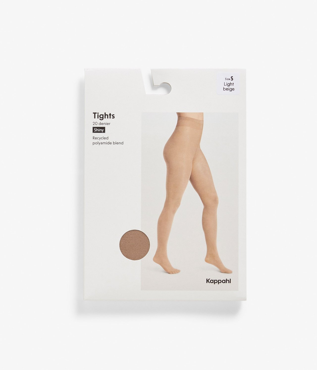 Widok z przodu opakowania, pokazujący jasnobeżowe, błyszczące rajstopy 20 den na nogach kobiety.