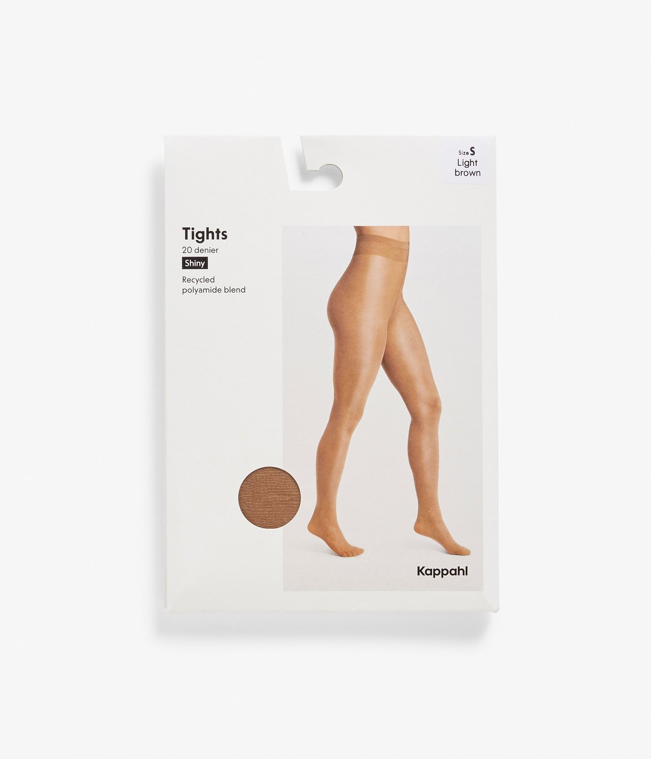 Edestä näkymä vaaleanruskeista kiiltävistä 20 denierin sukkahousuista pakkauksessa, näyttäen naisen jalat ja kangasnäytteen.