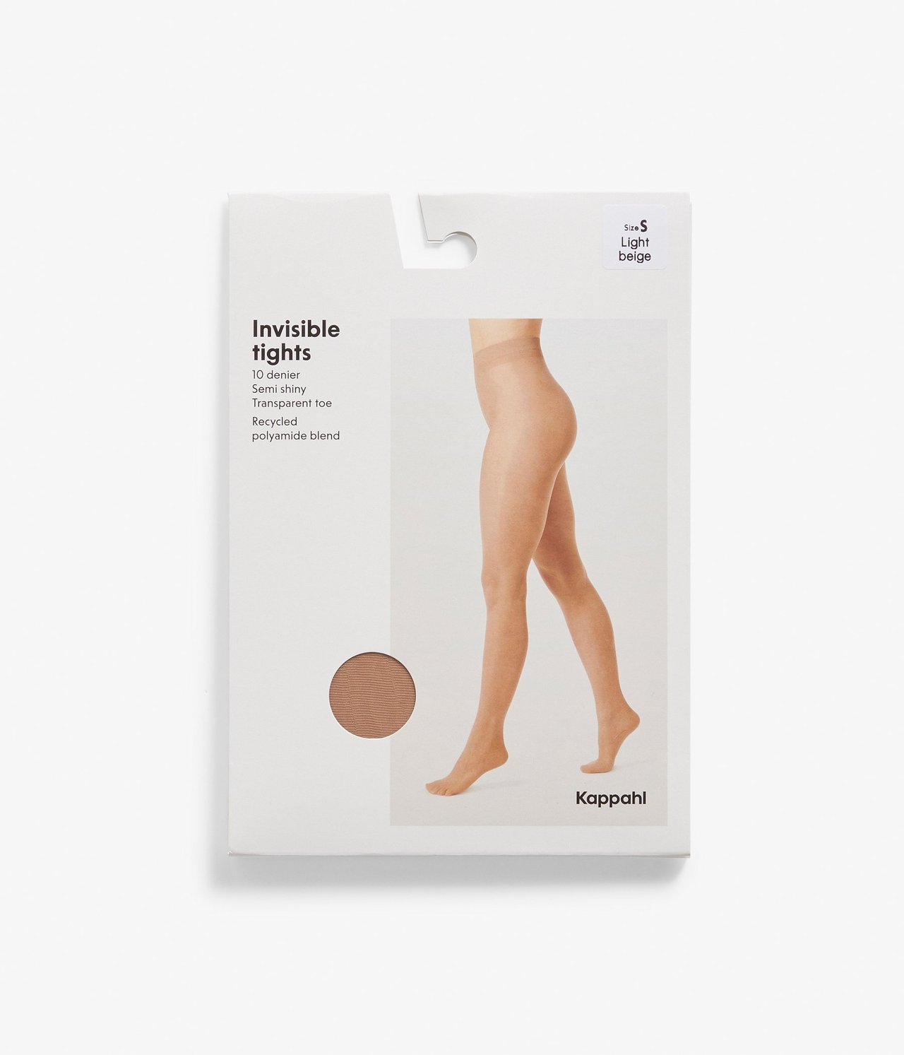 Frontvisning av lysebeige 10 denier gjennomsiktig strømpebukse på hvit emballasje, viser kvinneben.