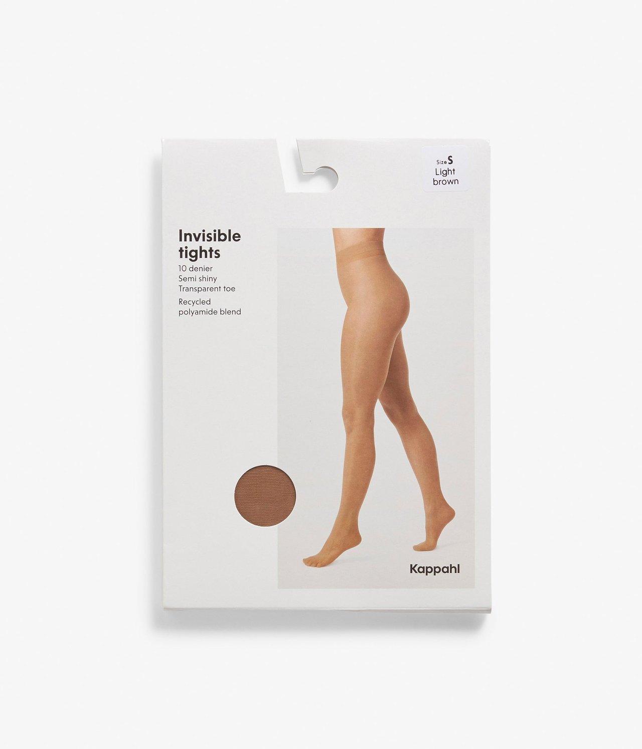 Vaaleanruskeiden 10 denierin sukkahousujen valkoinen pakkaus, jossa kuva naisen jaloista.