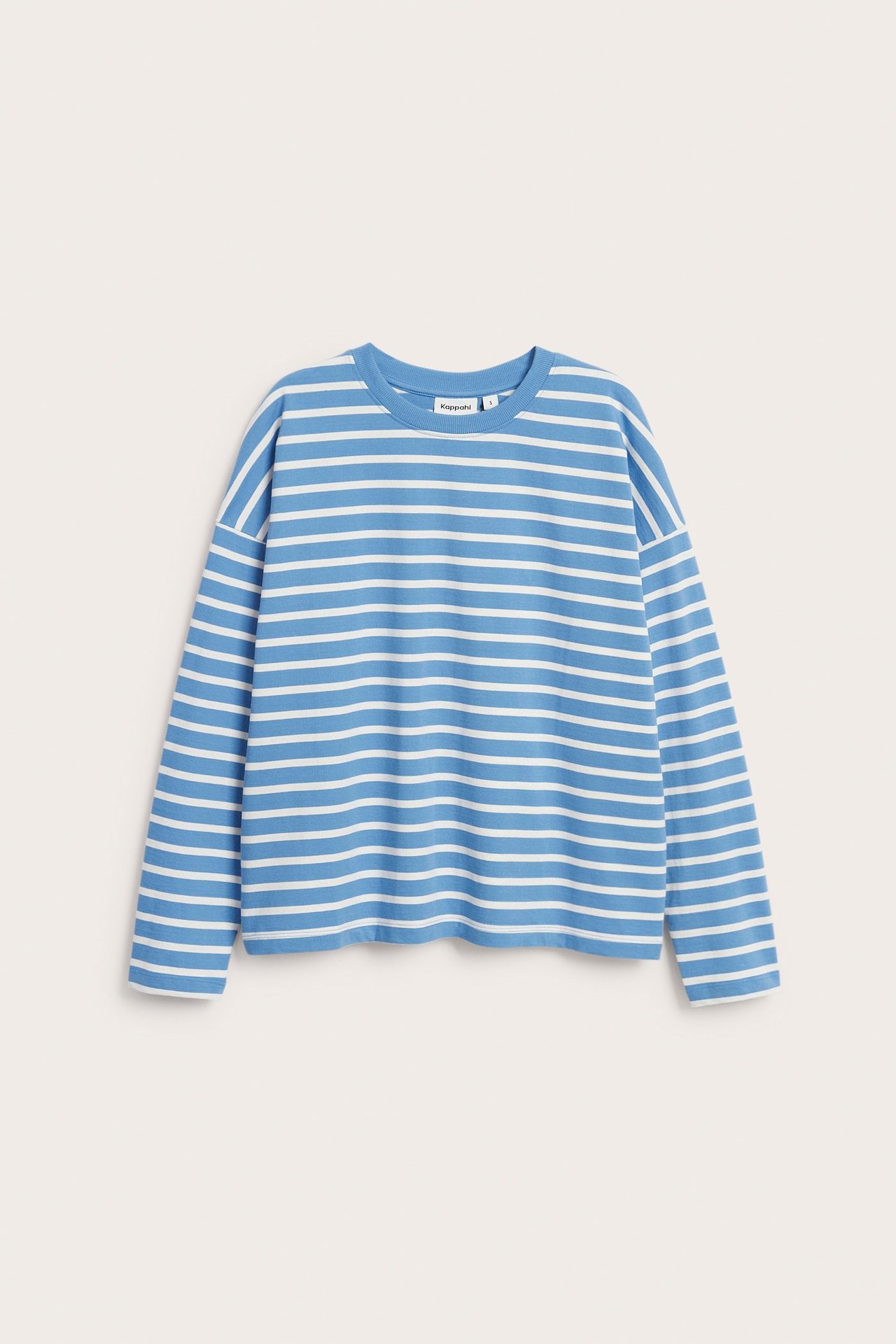 Widok z przodu na niebiesko-białą, pasiastą bluzkę z długim rękawem z bawełnianego dżerseju.