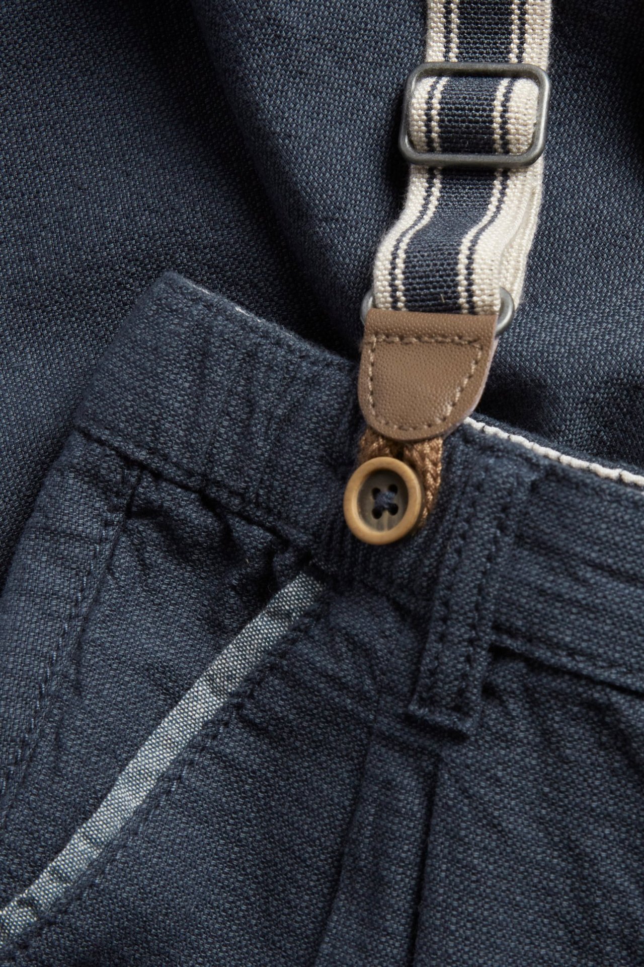 Lähikuva lasten tummansinisistä kudotuista haalarihousuista, joissa ruskea nappi ja raidalliset olkaimet.