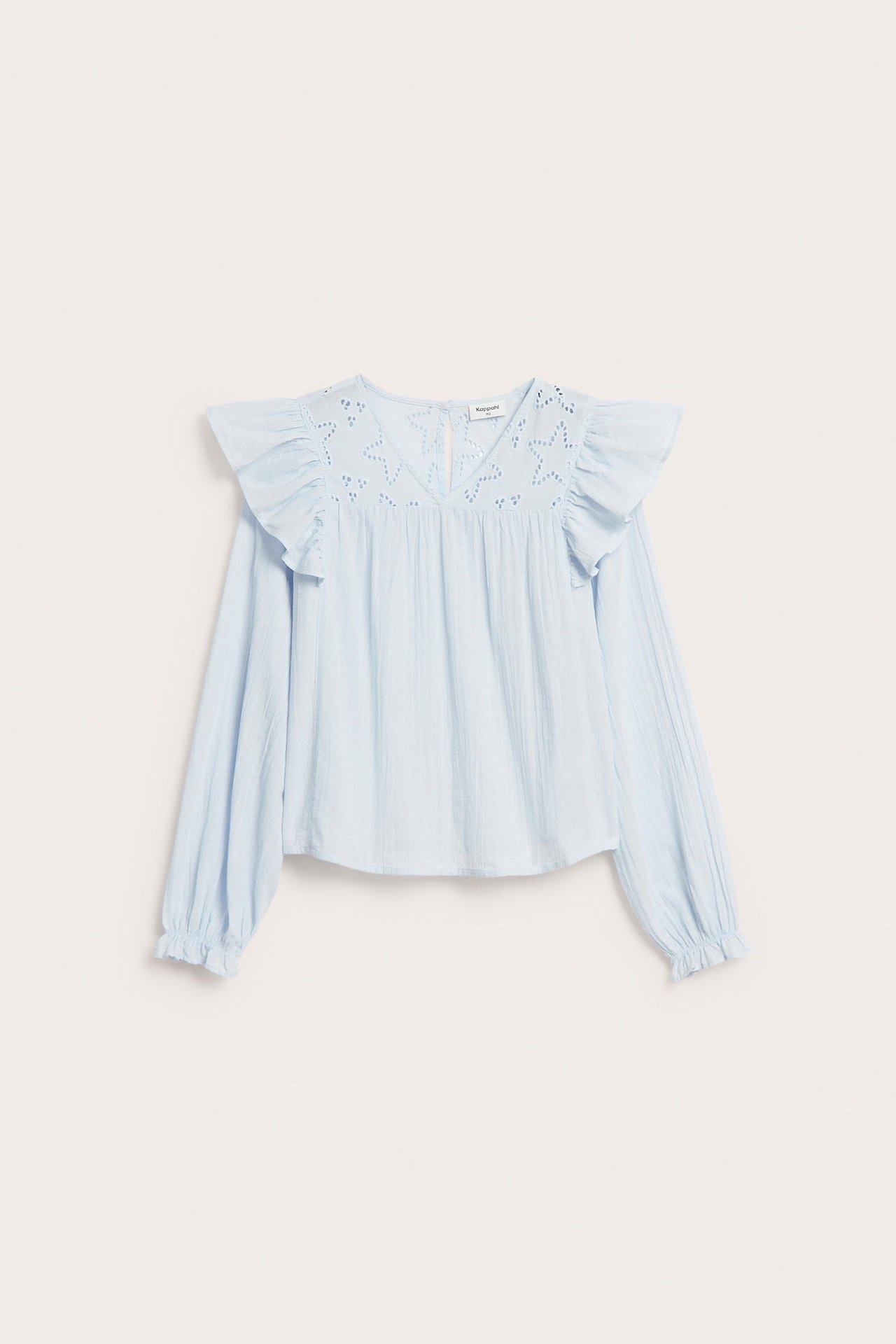 Lasten vaaleansininen puuvillapusero tähtikirjailulla, olkarypyillä ja joustavilla hihansuilla.