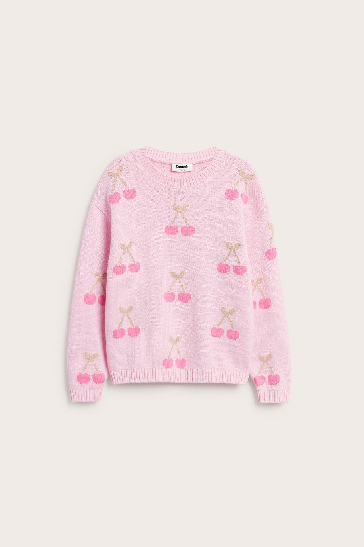 Frontvisning av en rosa bomullsstrikket genser med et mønster av lyserosa kirsebær og ribbestrikkede kanter.