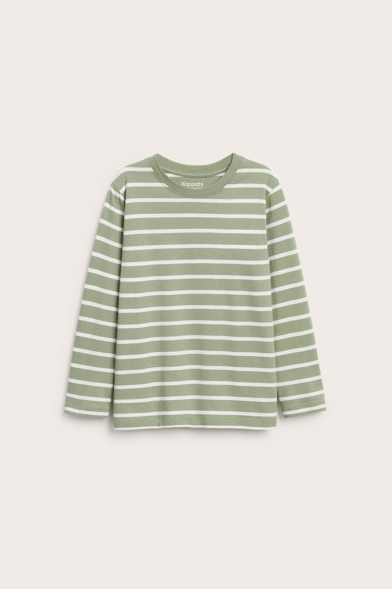 Frontvy av en randig långärmad t-shirt i mörkgrön och vit bomull för barn med ribbad hals.