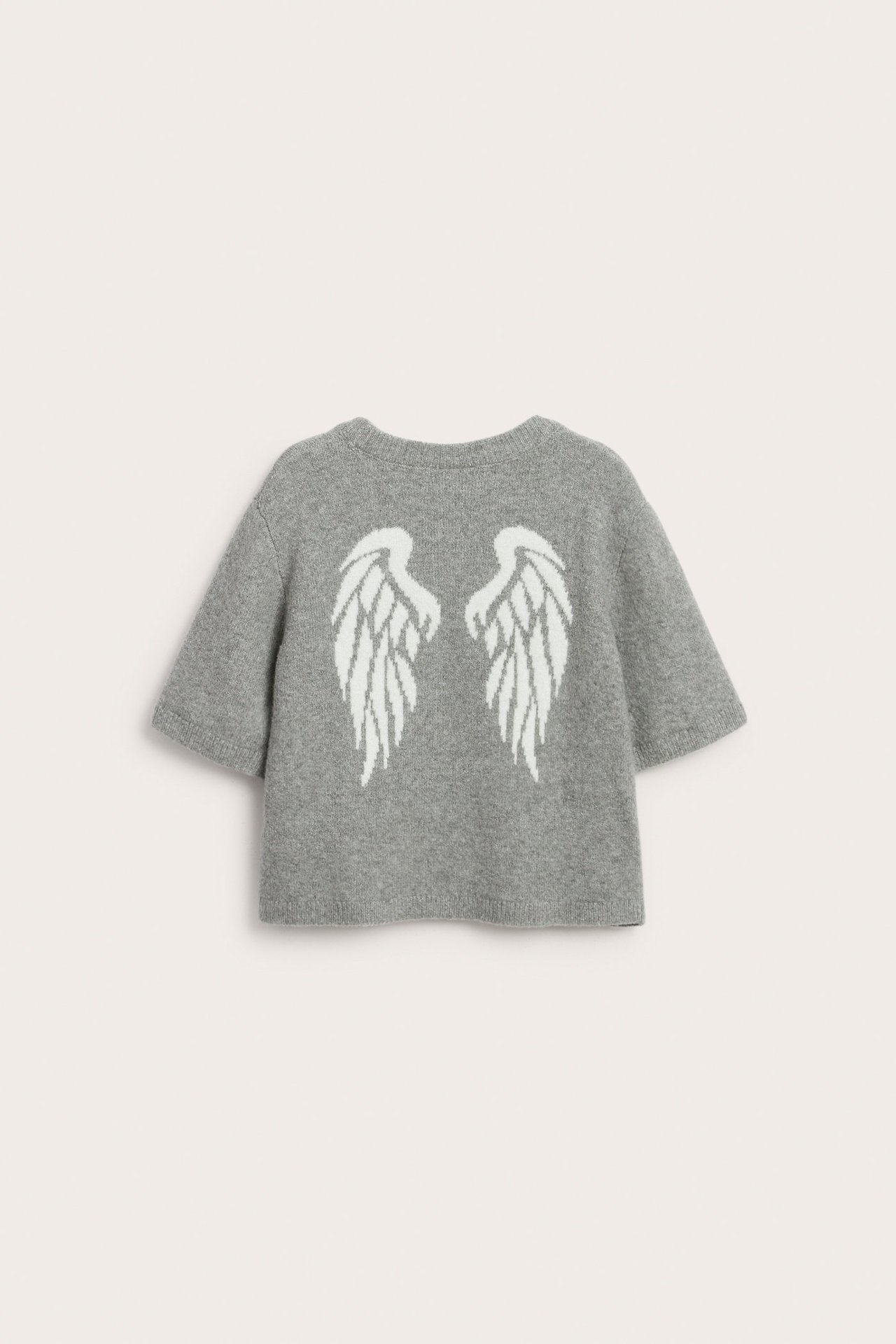 Ryggvy: Ljusgrå finstickad t-shirt med korta ärmar och vita jacquardvingar.