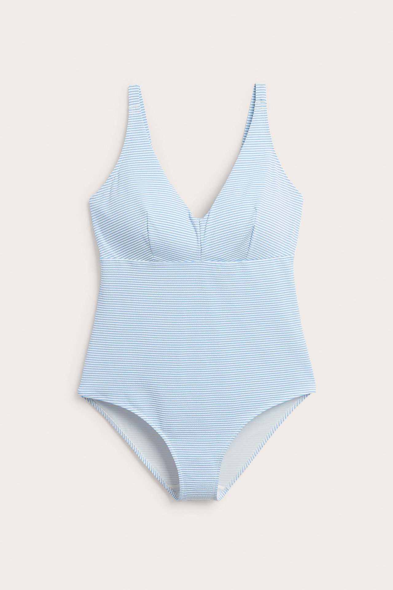 Widok z przodu: Jasnoniebieski kostium kąpielowy w paski z regulowanymi ramiączkami i wiązaniem.