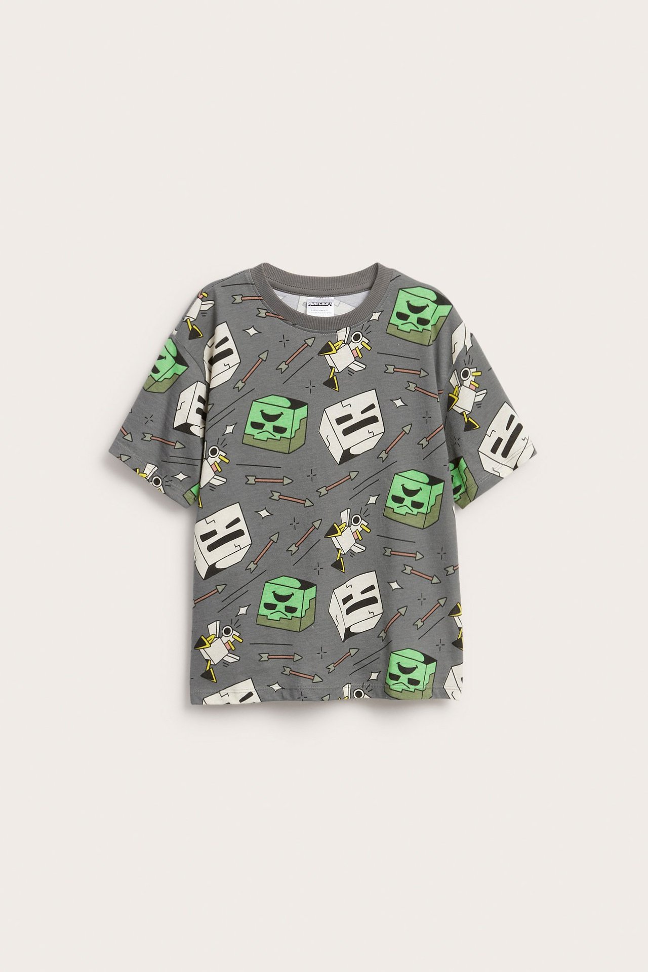 Edestä: Harmaa lasten puuvilla T-paita normaalilla istuvuudella ja Minecraft-kuvioinnilla.