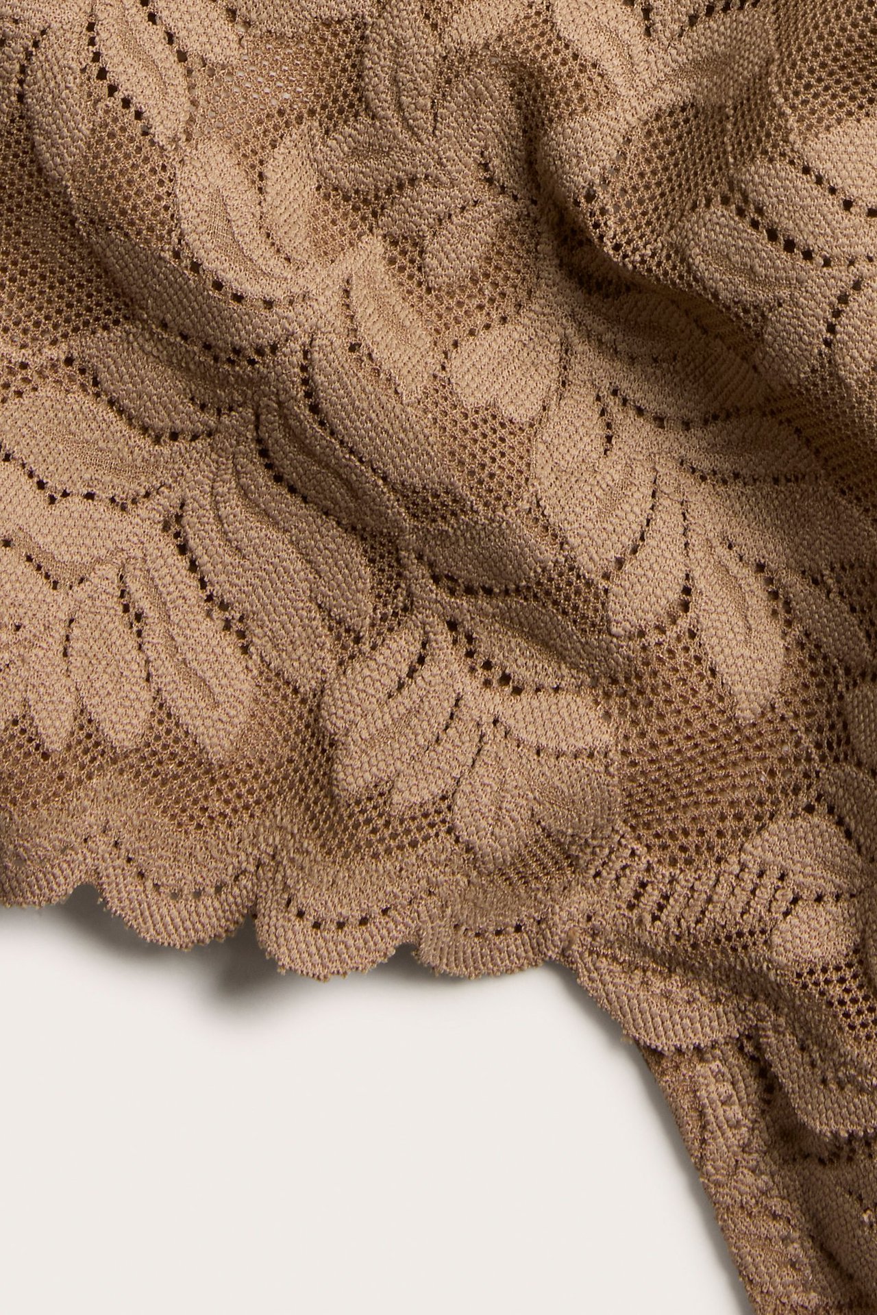 Zbliżenie na brązowe, rozciągliwe koronkowe stringi z wysokim stanem, z detalicznym wzorem liści i falistym brzegiem.