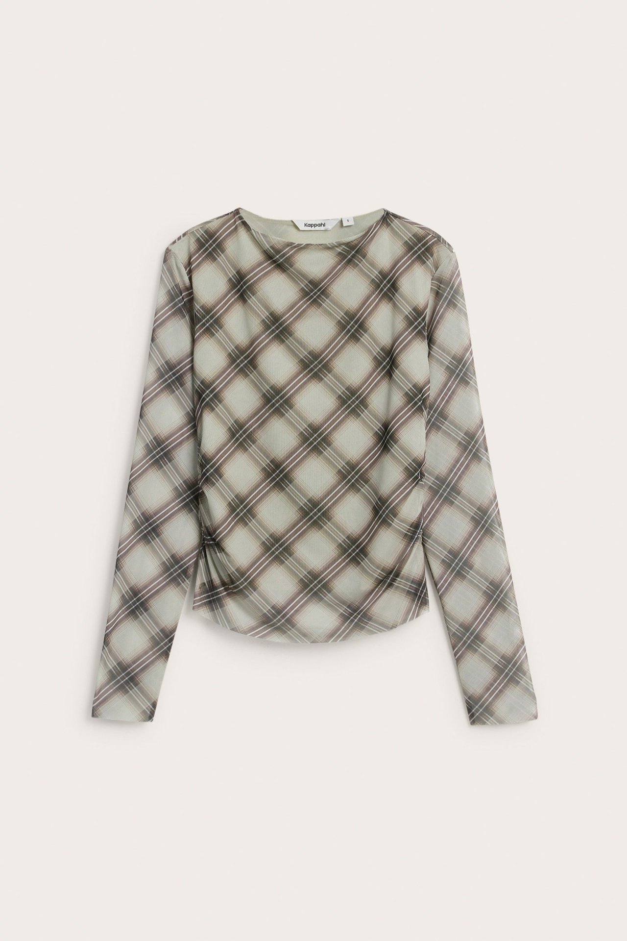 Edestä kuvattu pitkähihainen beige verkkotoppi ruudullisella kuviolla ruskeana ja vaaleanpunaisena, sivussa rypytyksiä.