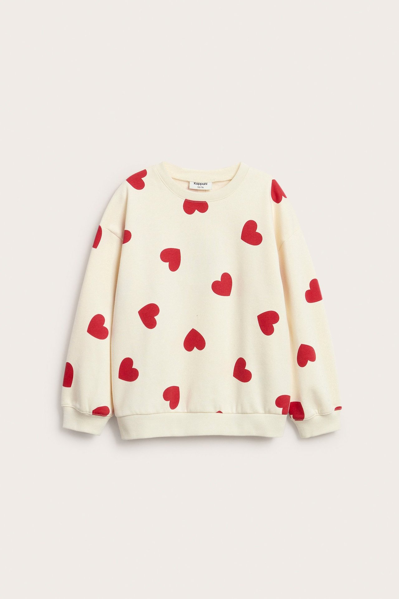 Widok z przodu: ecru dziecięca bluza dresowa z miękkiej dzianiny w czerwone serca.