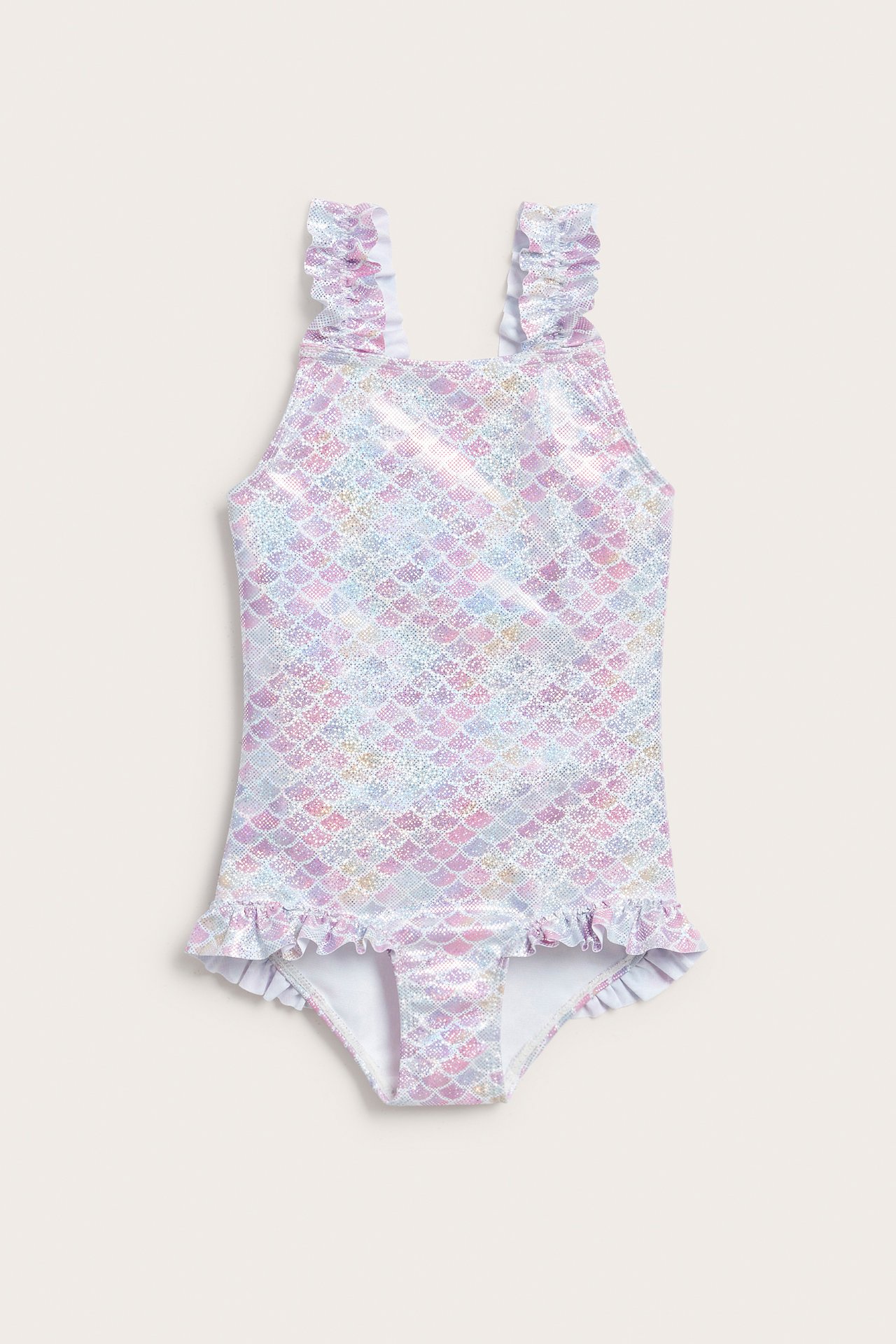 Edestä lasten vaalealila kimalle merenneitouimapuku röyhelöolkaimilla ja jalka-aukoilla.