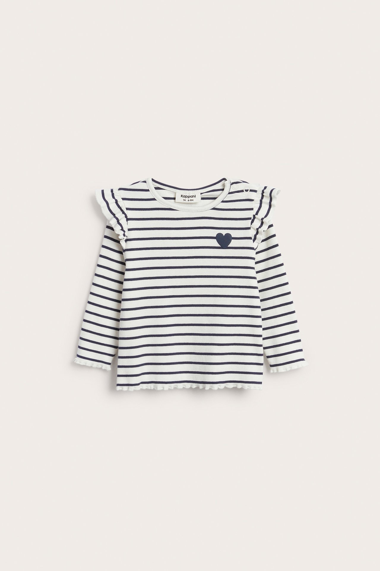Hvit- og blåstripet langermet ribbet topp for baby, med volanger og et blått hjerte.
