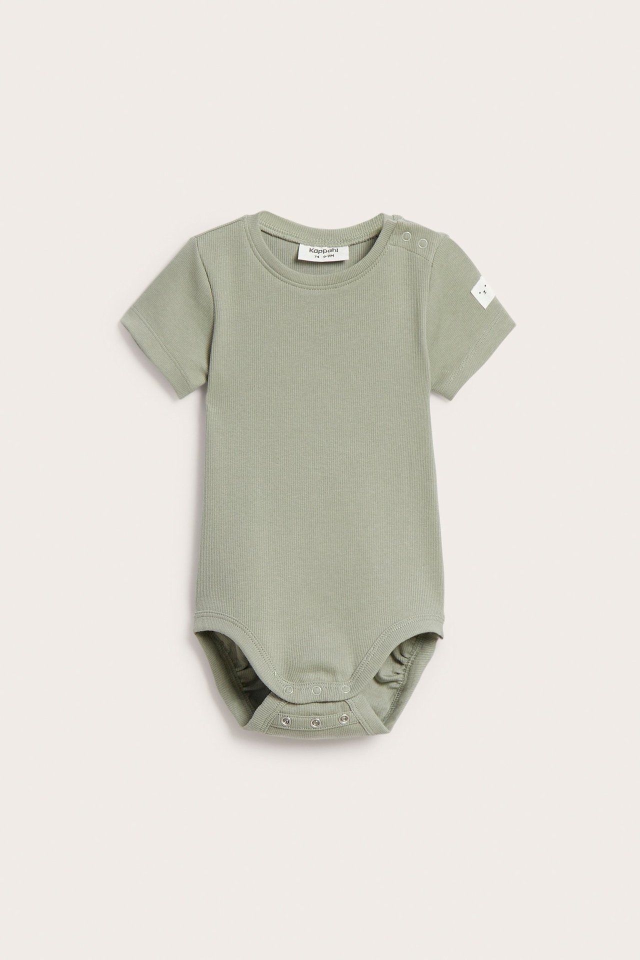 Ciemnozielone prążkowane body niemowlęce z krótkim rękawem, z napami na ramieniu i podwójnymi w kroku.