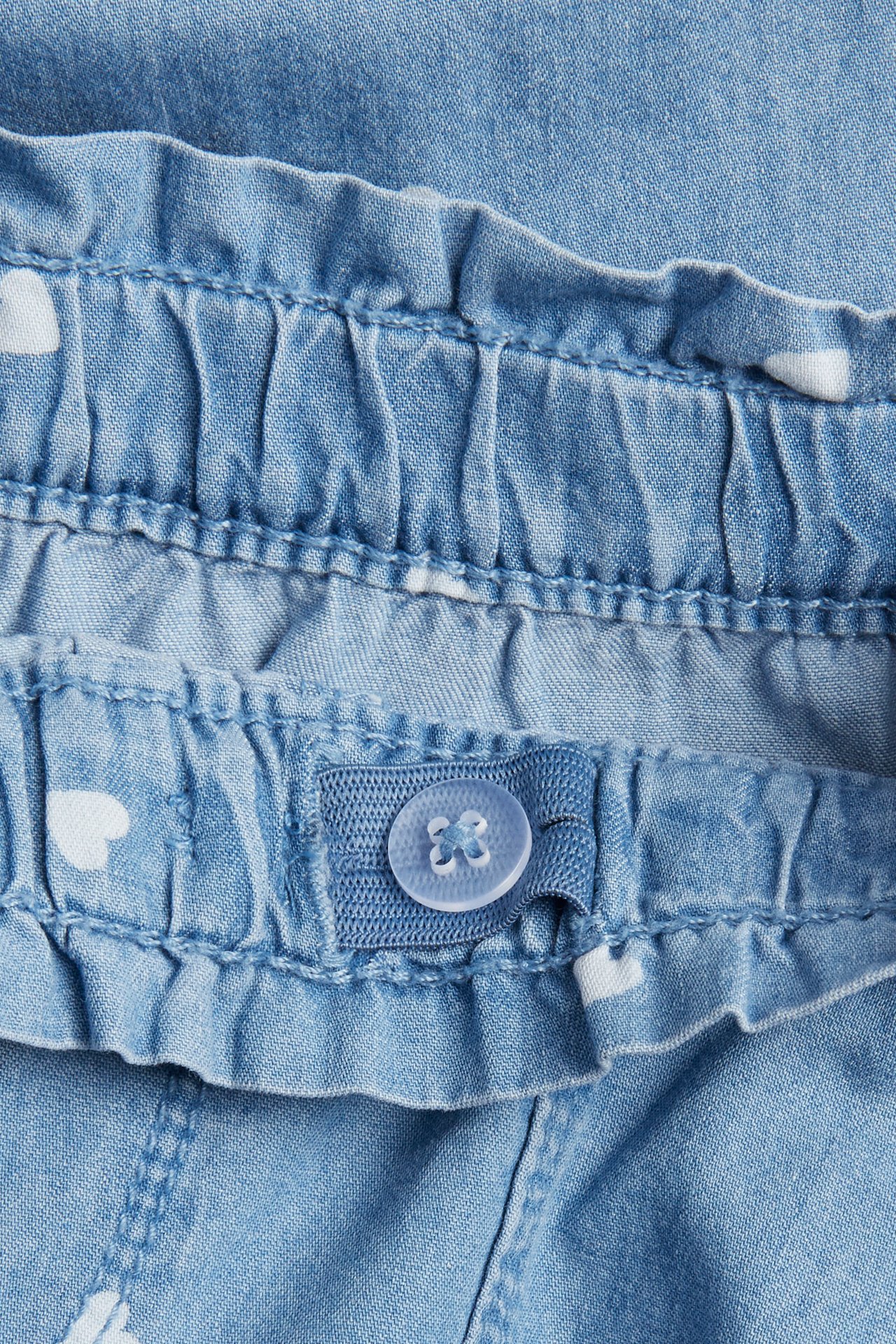 Zbliżenie na jasnoniebieskie spodnie dziecięce z białym wzorem serc i regulowanym elastycznym pasem.