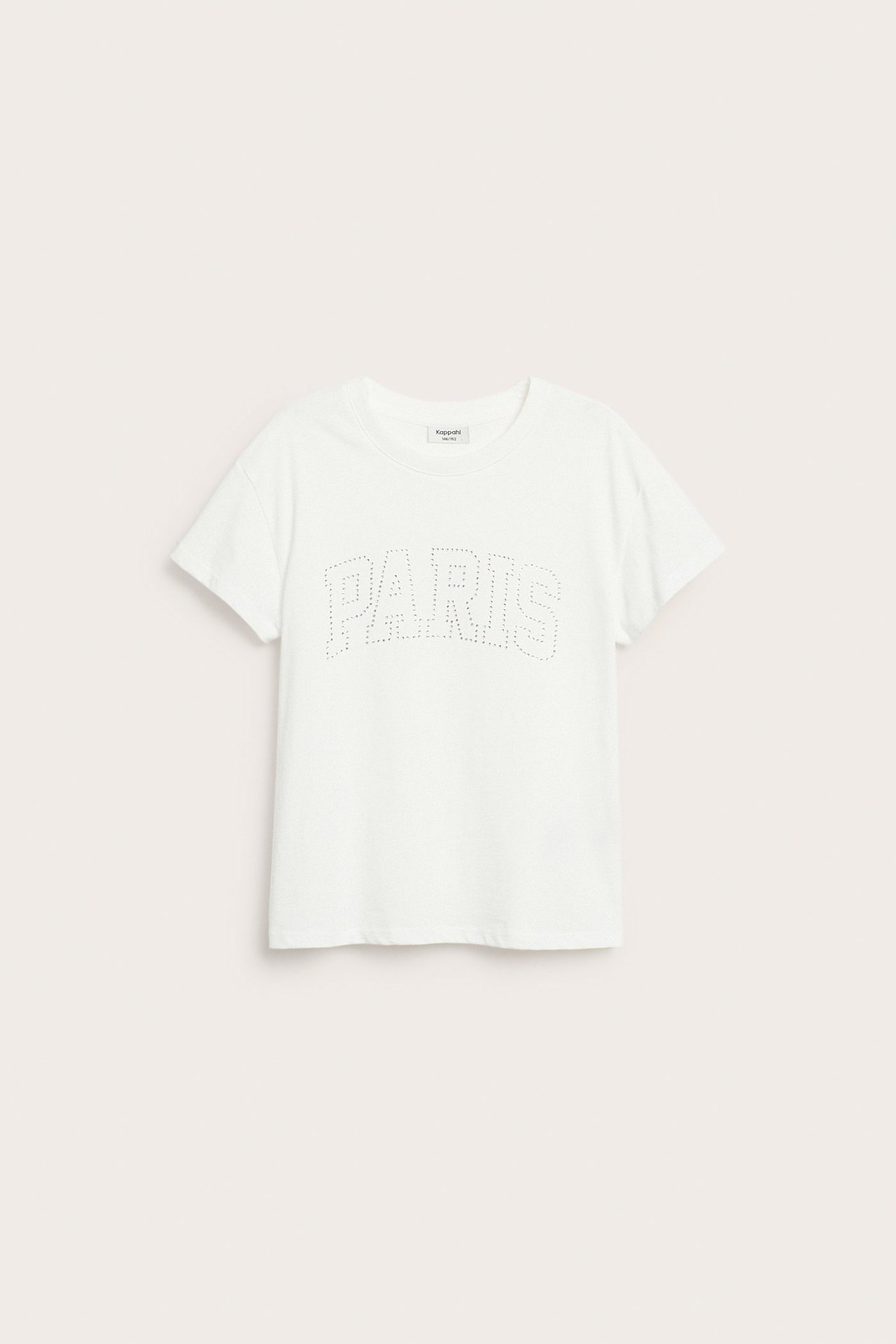 Frontvy av en offwhite kortärmad T-shirt i bomull för barn med strassmönstret 'PARIS'.