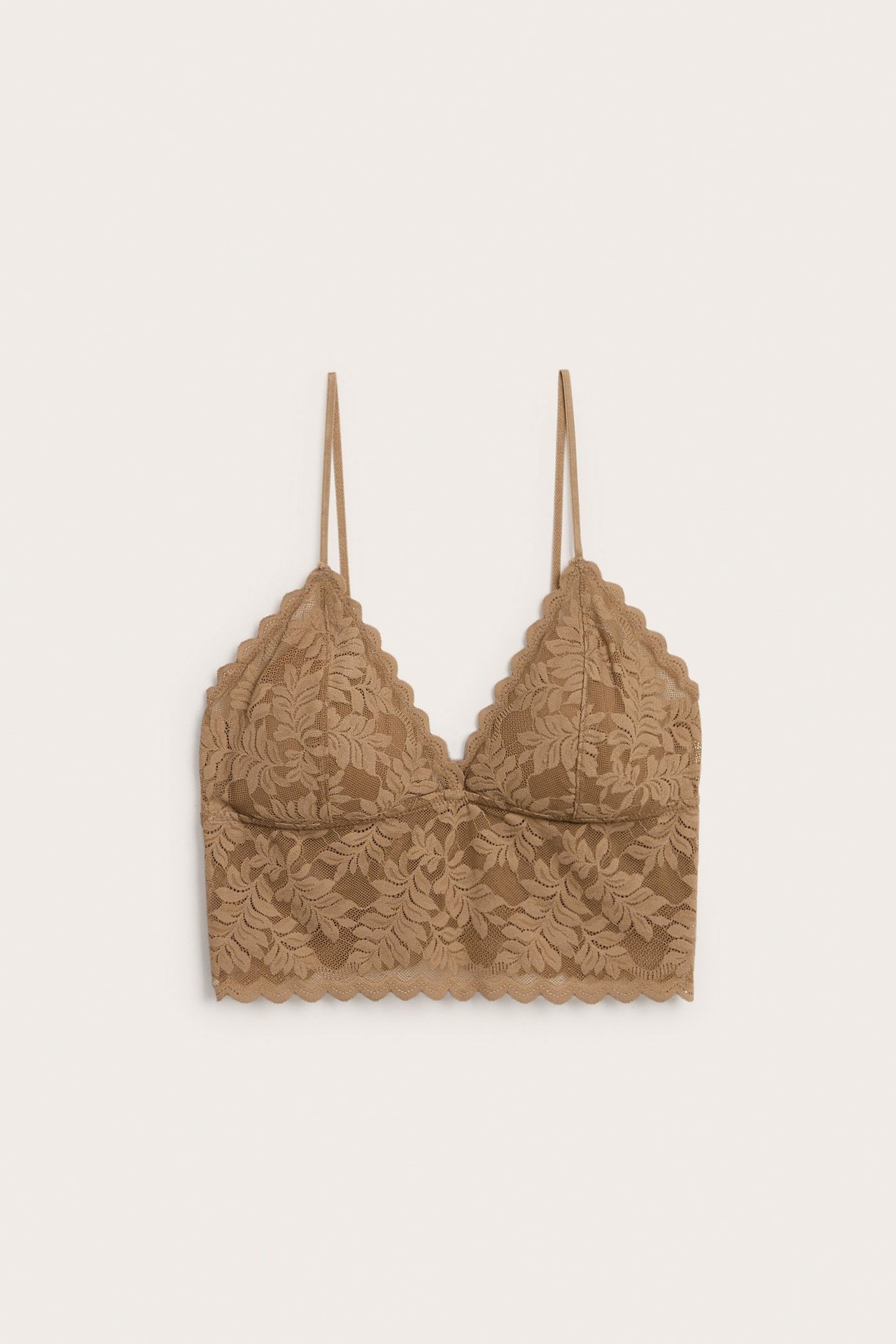 Widok z przodu brązowego długiego koronkowego biustonosza z kwiatowym wzorem, cienkimi ramiączkami i falistym brzegiem.