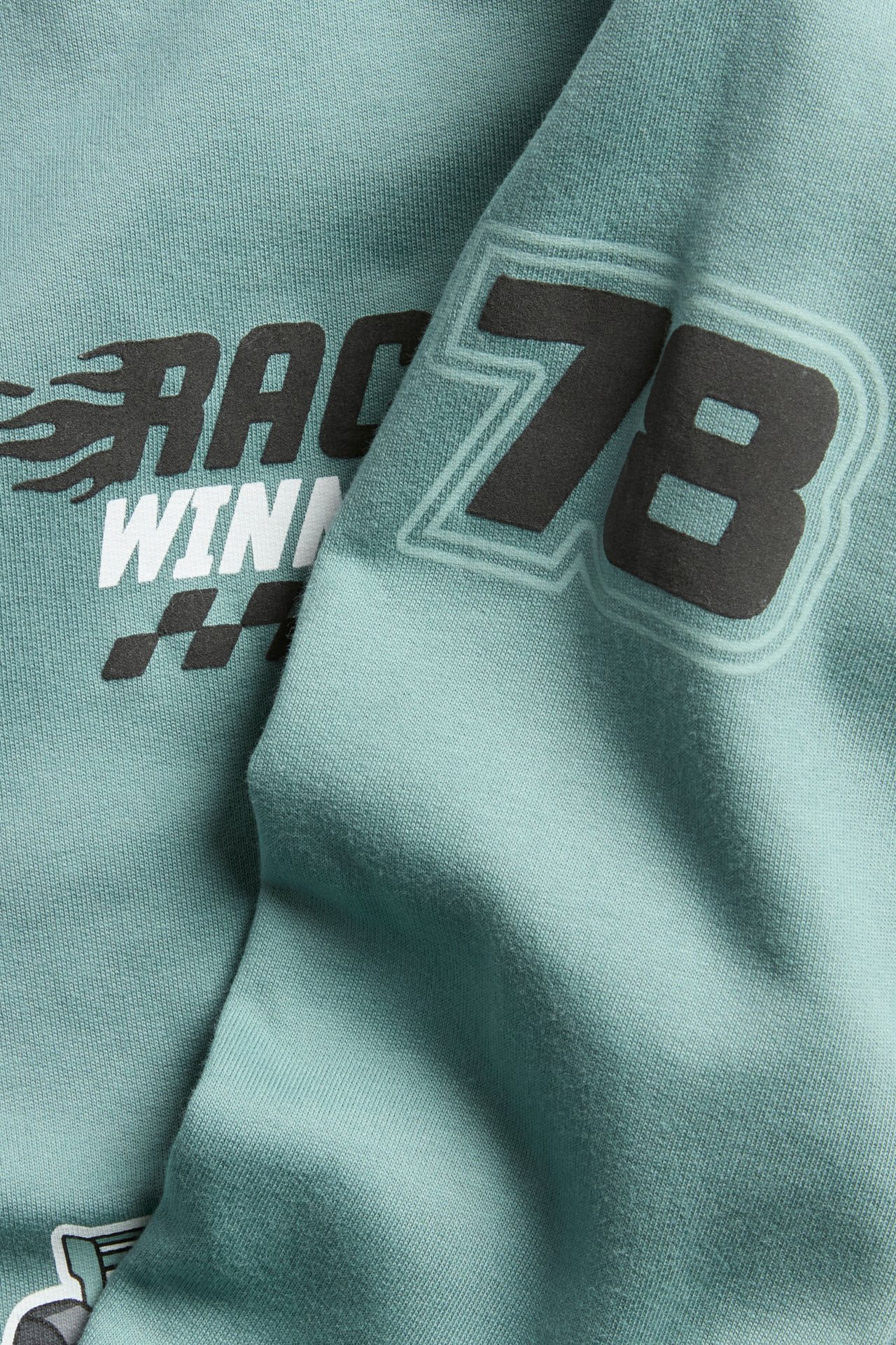 Nærbilde av lys grønn bomullssweatshirt med svart-hvitt racingtrykk på front og erme.