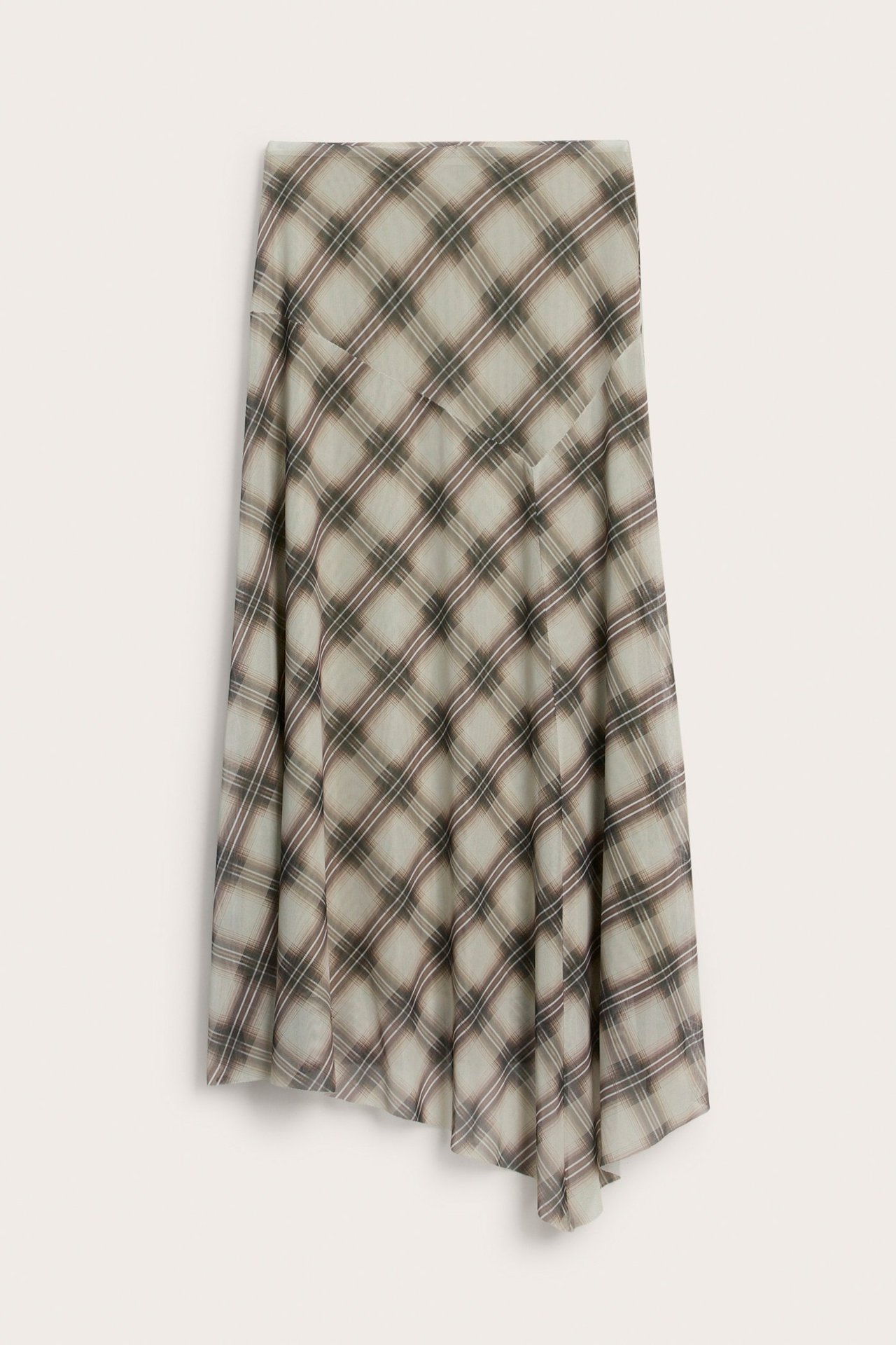 Edestä: Beige ruudullinen epäsymmetrinen verkkohame joustavalla vyötäröllä.