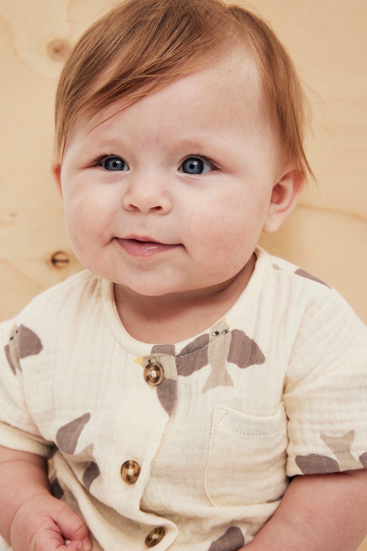 Nærbilde forfra av en baby i en beige kortermet musselinskjorte med knapper og brune fuglemønstre.
