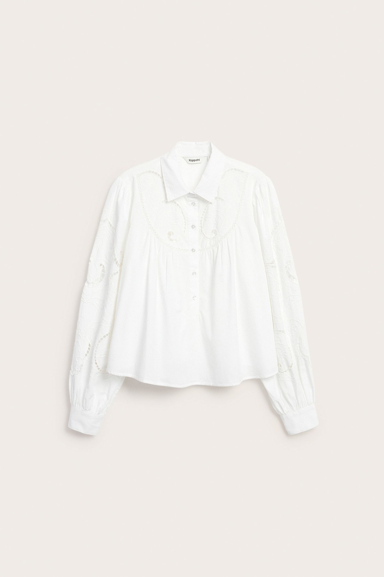 Frontvisning av en hvit, kort bomullsbluse med delikate broderier på bærestykket og ermene, med knappestolpe.
