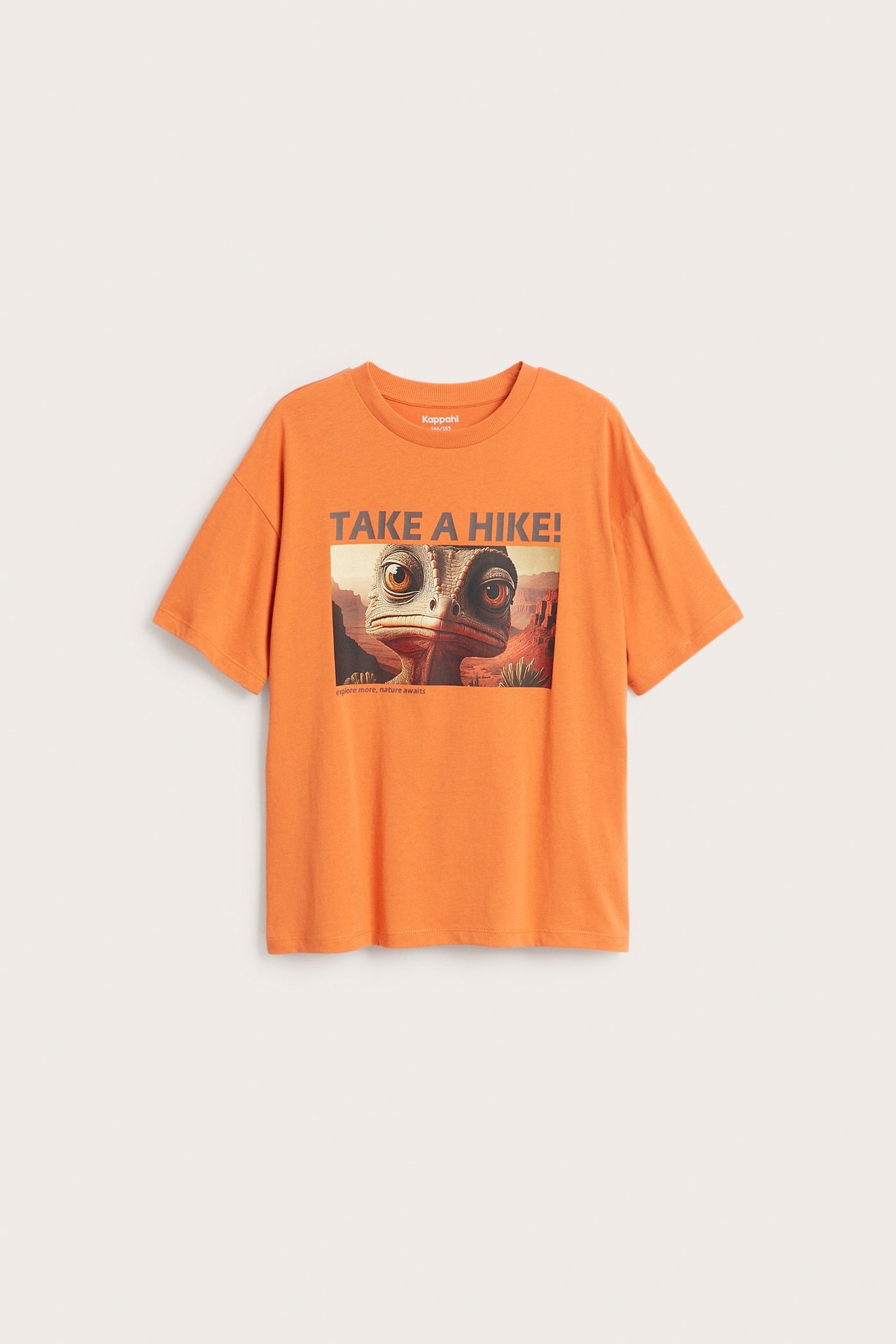 Widok z przodu: pomarańczowa bawełniana koszulka dziecięca z okrągłym dekoltem i dużym nadrukiem jaszczurki.