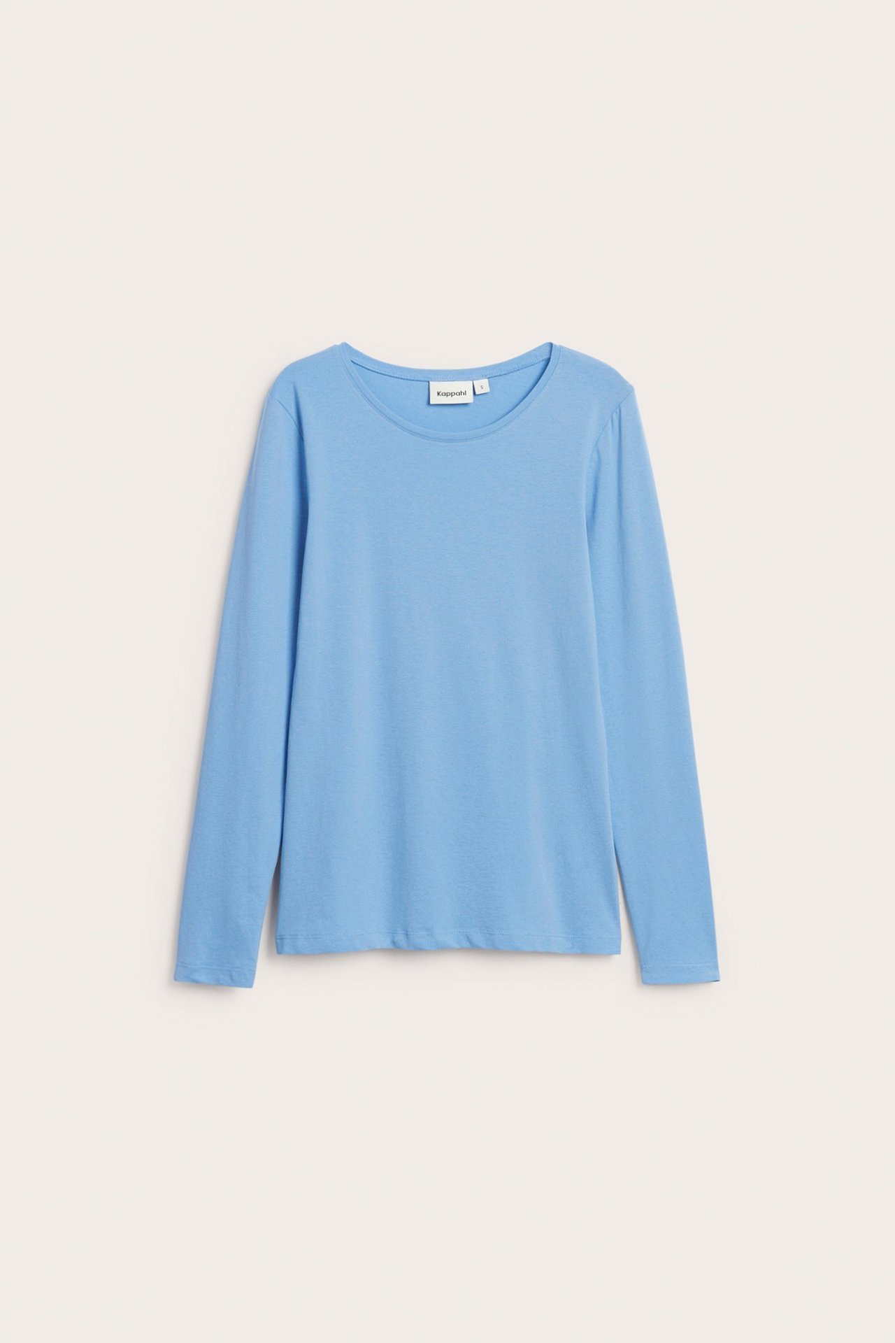Frontvisning av en lyseblå, ensfarget langermet basistopp med rund hals.
