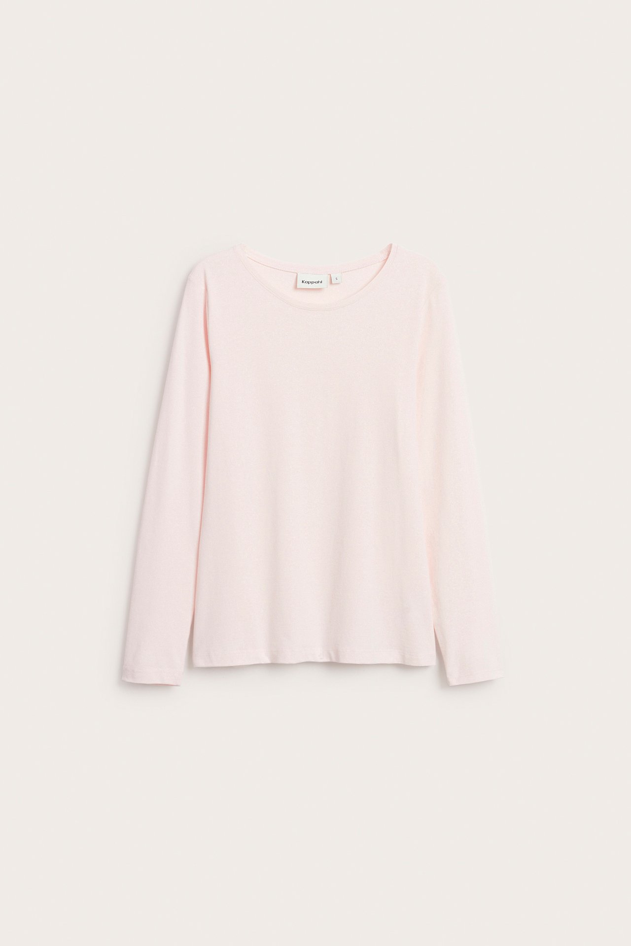 Forfra: Lys rosa, langermet, ensfarget basistopp i bomull med rund hals.