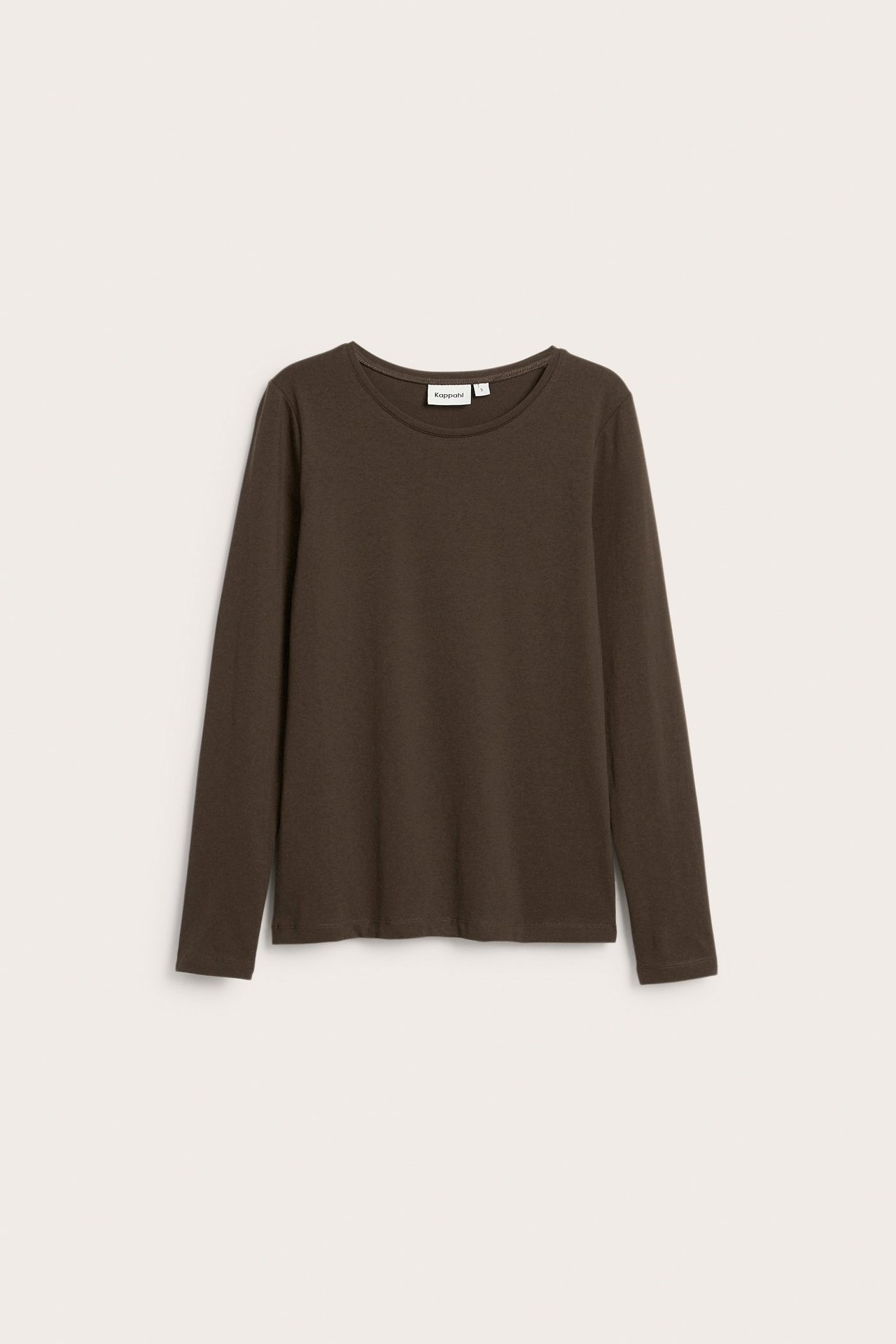 Widok z przodu: ciemnobrązowa, jednolita bluzka z długim rękawem i okrągłym dekoltem.