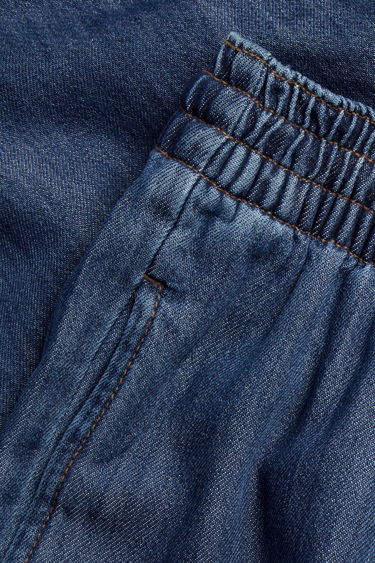 Zbliżenie na ciemne dżinsy z szerokimi nogawkami, pokazujące elastyczny pas ze sznurkiem i kieszeń boczną.