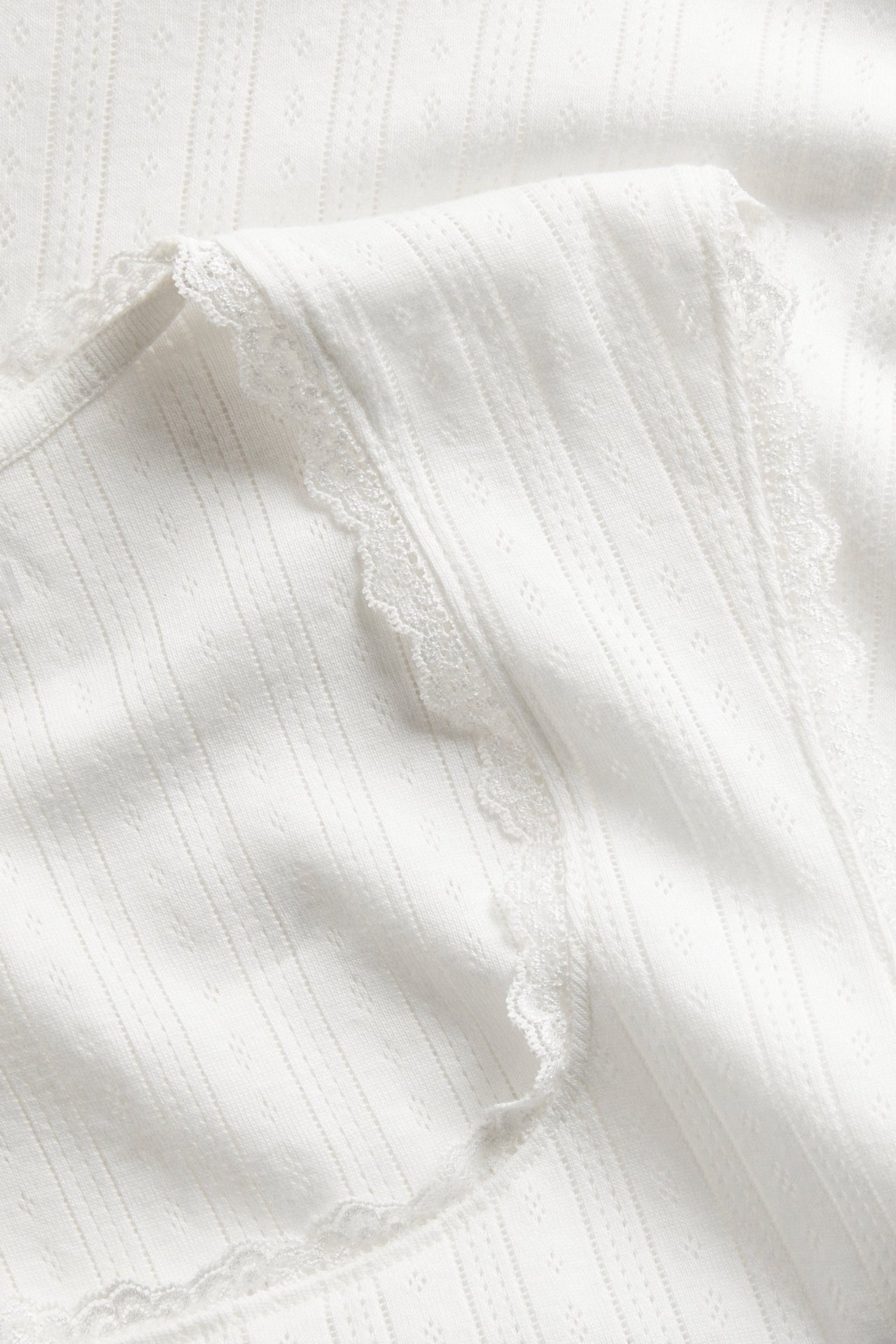Lähikuva luonnonvalkoisesta pointelle-neuleisesta pyjamapaidasta, jossa on pitsikoriste pääntiessä.