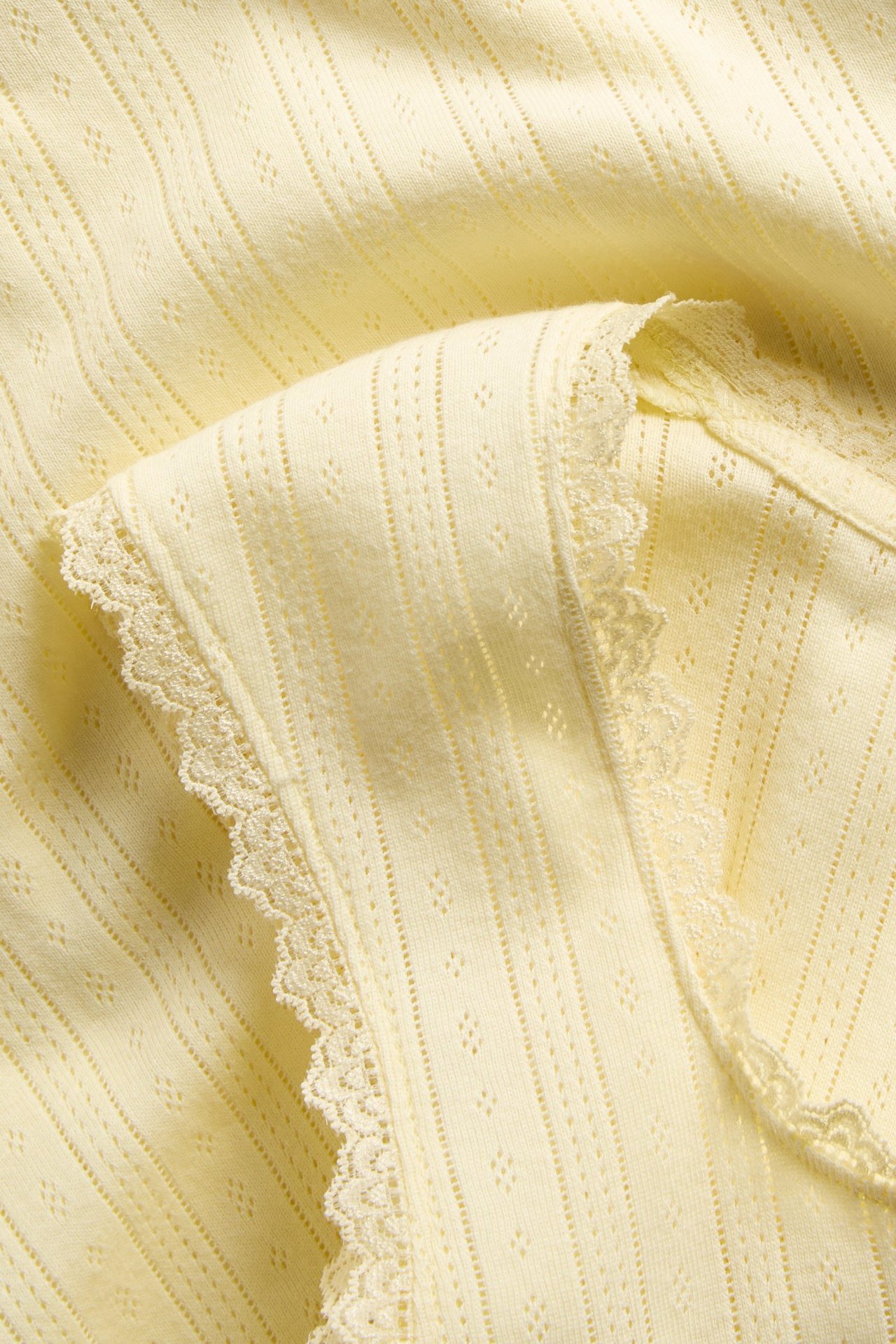 Lähikuva keltaisesta pointelle-pyjamatoppista, jossa on kuvioitu neulos ja pitsireuna.