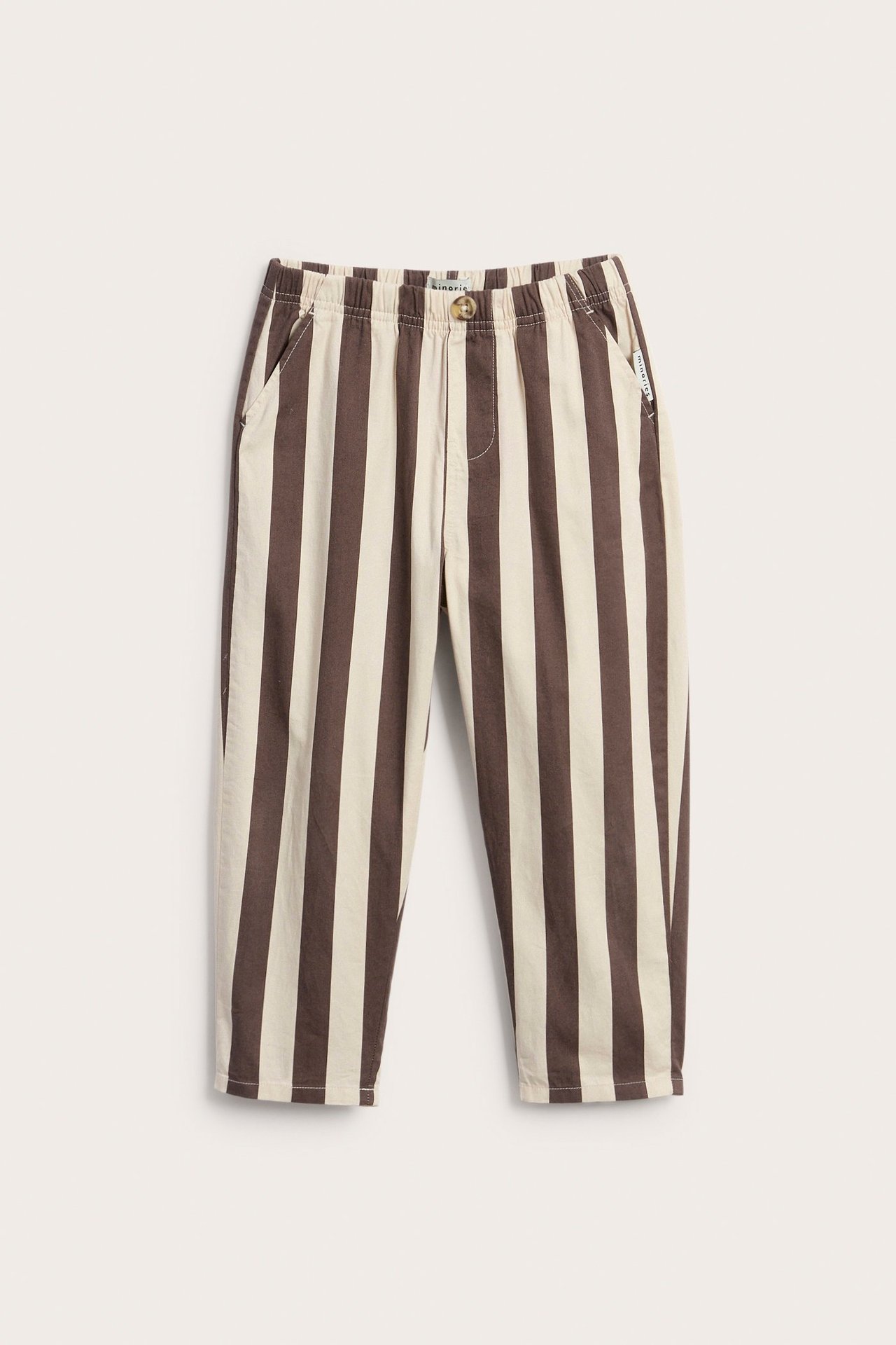 Front, stripete bukser i brun og beige bomull til barn med elastisk midje.