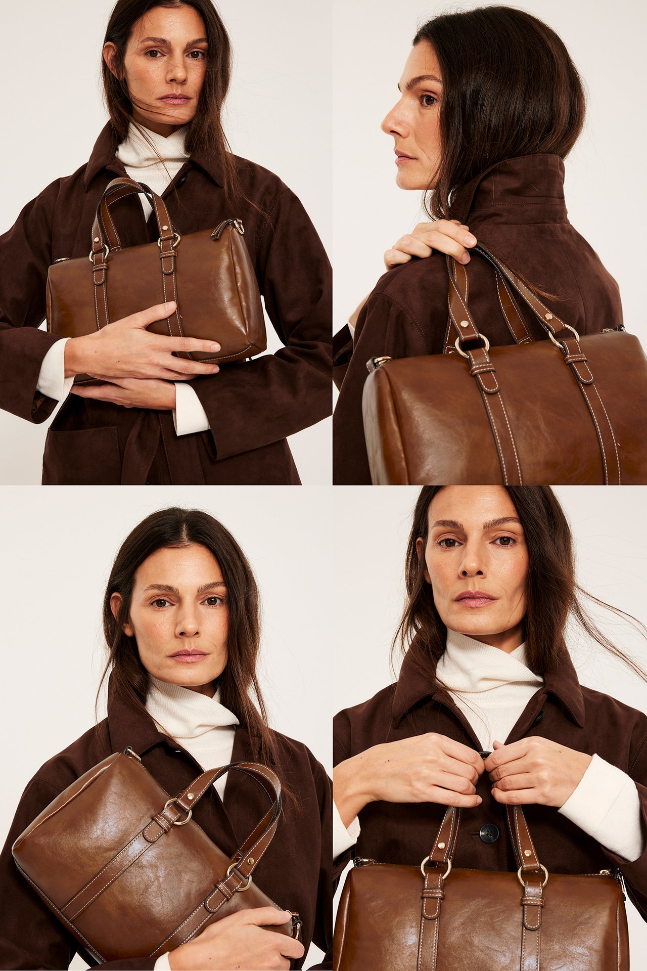 Edestä: Nainen pitää ruskeaa suorakaiteen muotoista käsilaukkua valkoisilla tikkauksilla, yllään ruskea takki ja valkoinen poolopaita.