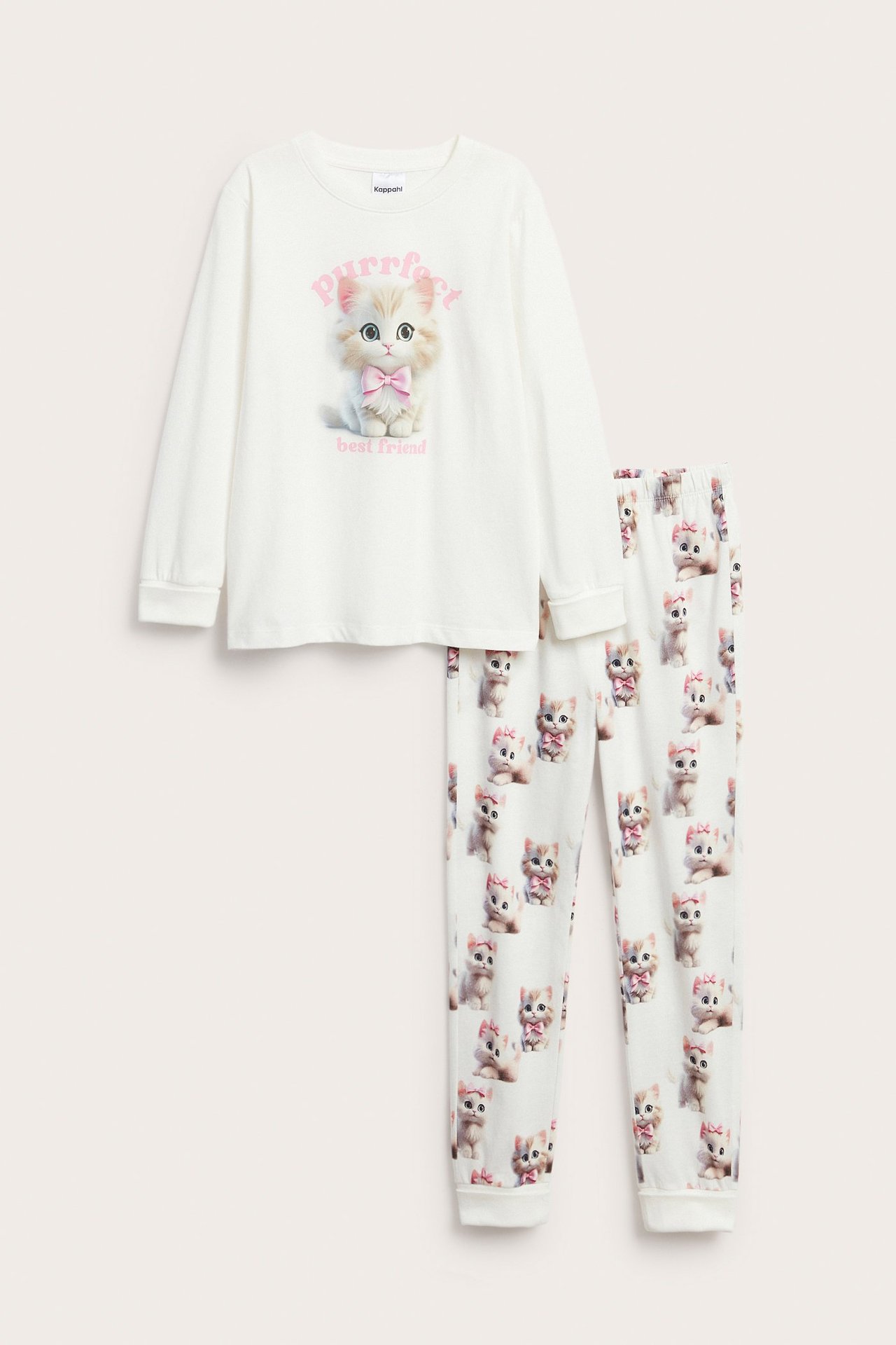 Edestä: Lasten luonnonvalkoiset puuvillapyjamat. Pitkähihainen kissaprinttipaita, yhteensopivat kuvioidut housut.