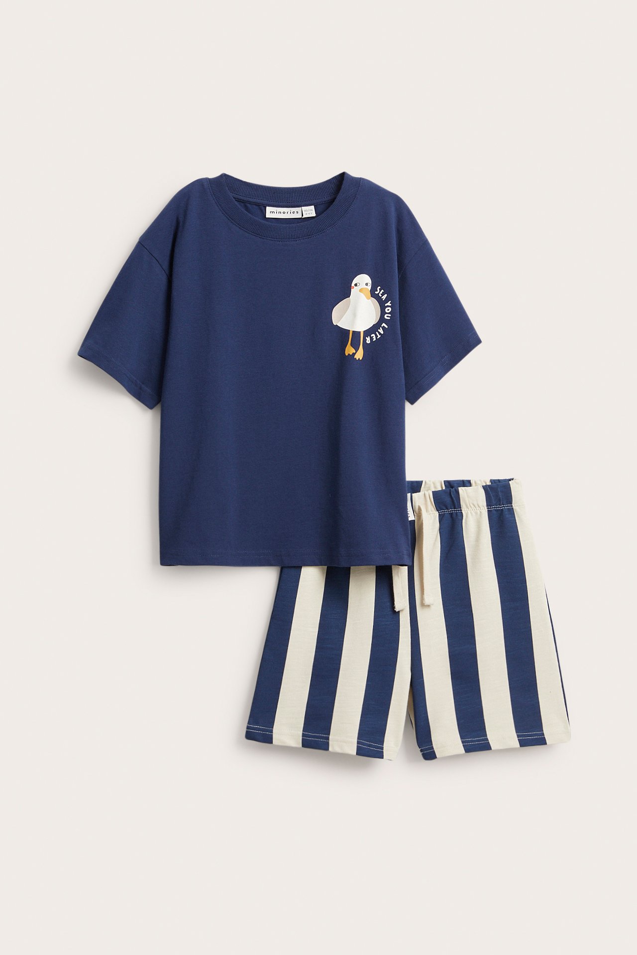Framifrån: Barns blå bomulls-t-shirt med måsprint och blå och benvita randiga shorts.
