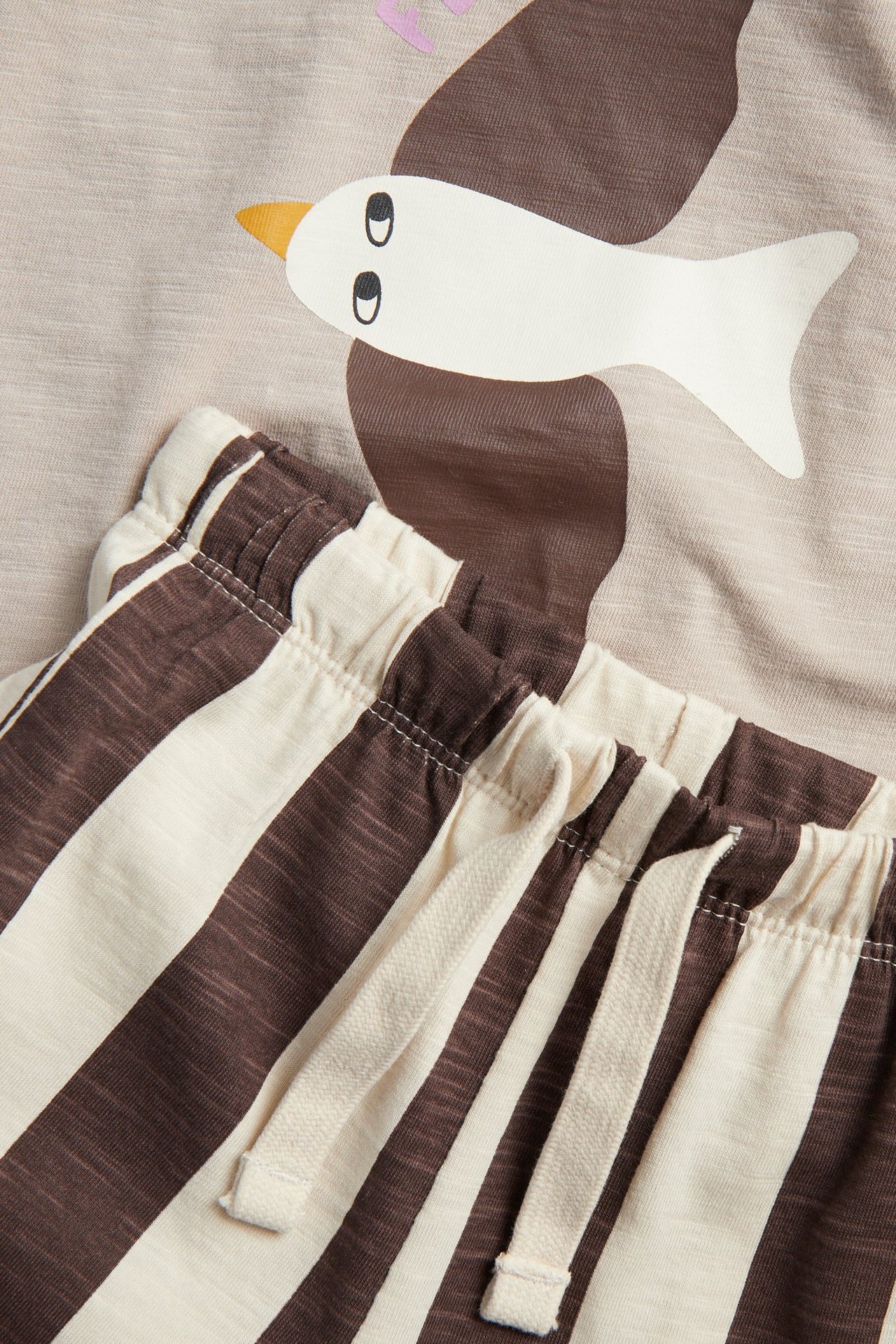Zbliżenie na jasnobrązowy T-shirt z ptasim wzorem i brązowe spodnie w paski ze sznurkiem.