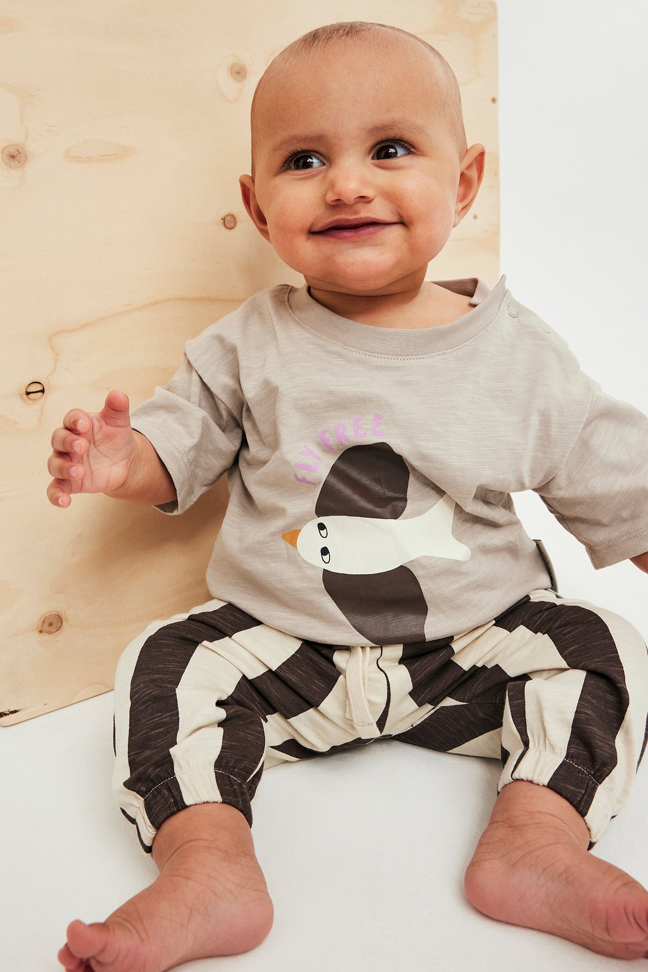 Widok z przodu: niemowlę w beżowej koszulce z ptasim wzorem, zatrzaskami, i brązowych spodniach w paski.