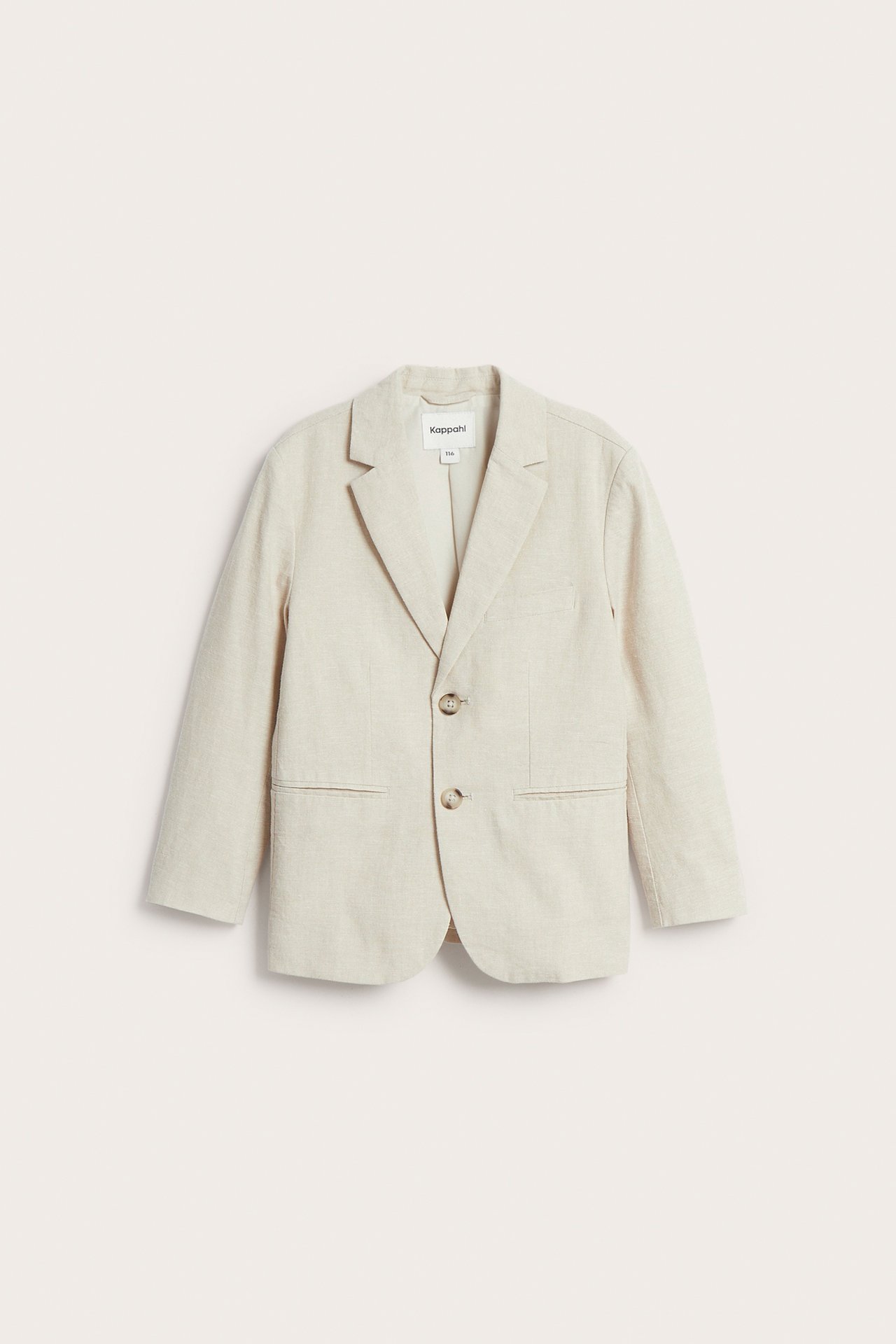 Frontbilde av en lys beige, ensfarget blazer i linblanding for barn med to frontknapper og lommer.