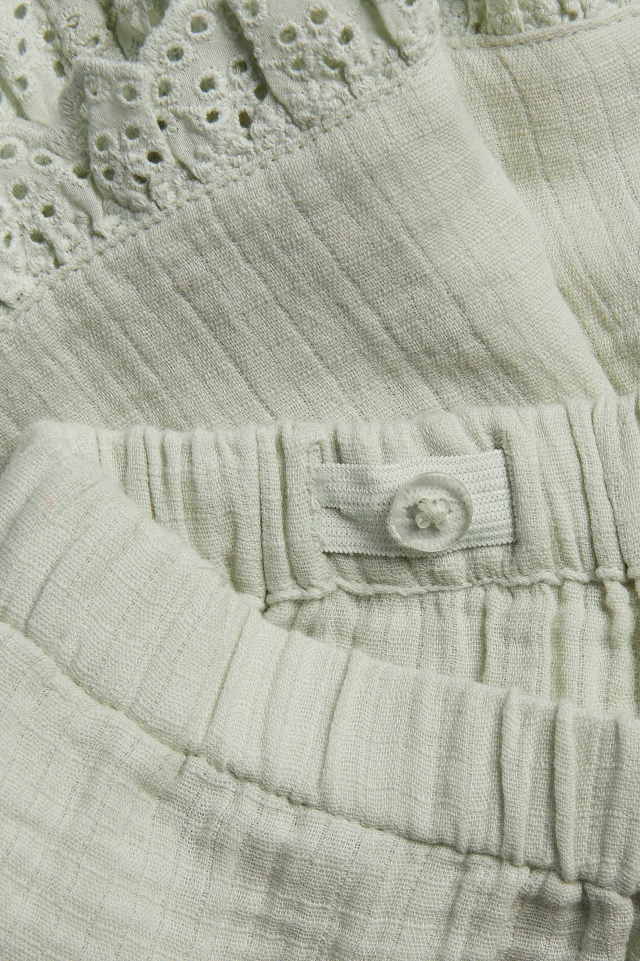Zbliżenie jasnozielonych bawełnianych szortów z koronkową falbaną i regulowanym guzikiem w pasie.