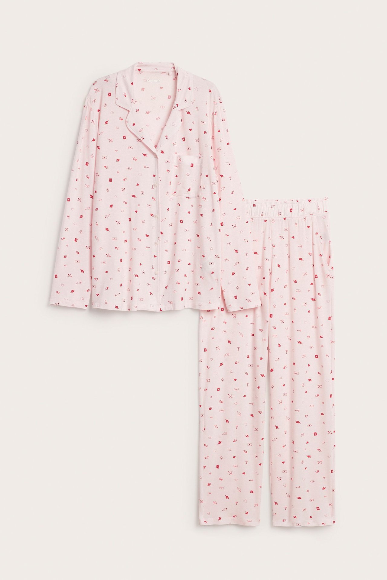 Widok z przodu: Jasnoróżowa wzorzysta piżama lyocell z koszulą na guziki i spodniami z gumką.