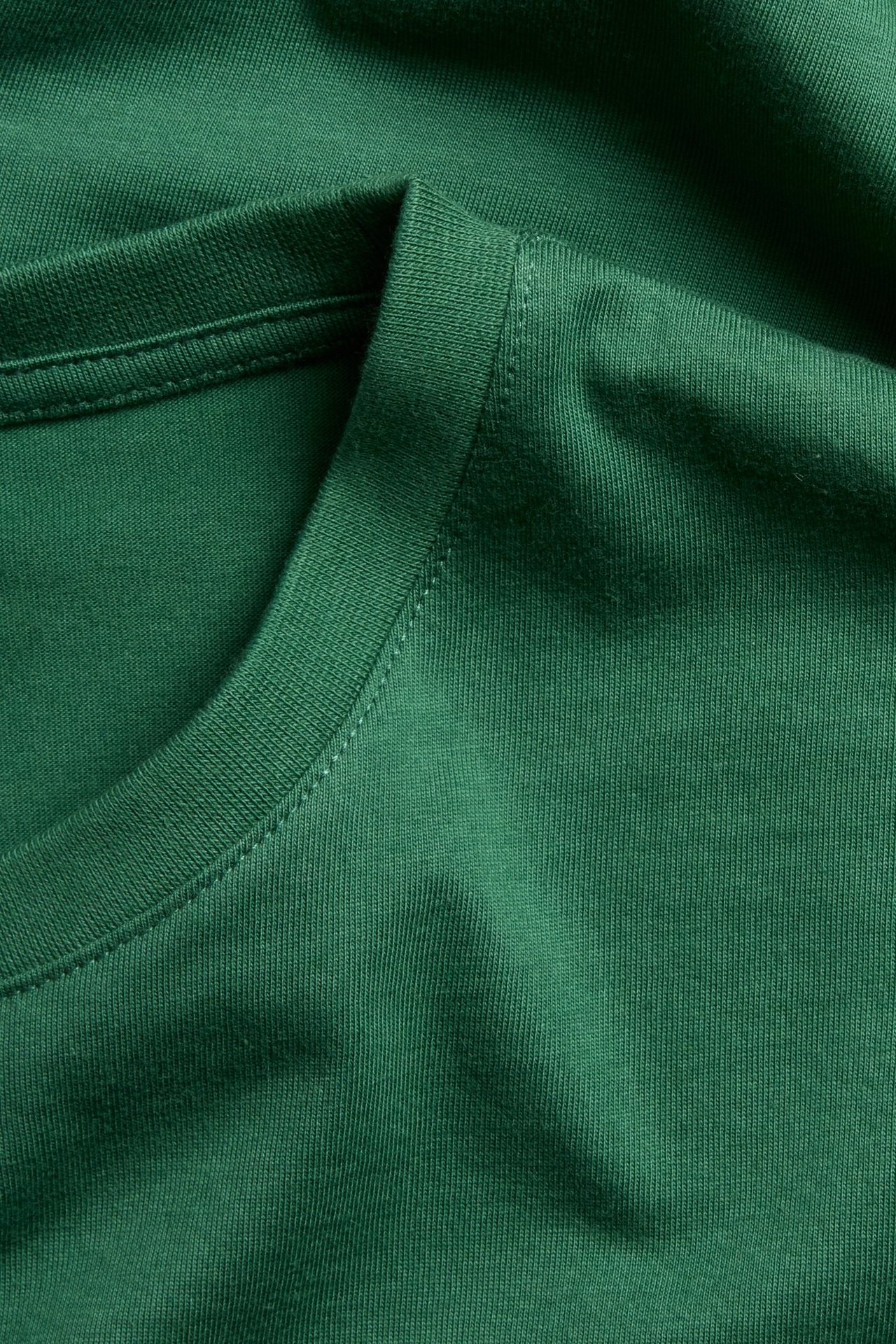 Zbliżenie na męski ciemnozielony bawełniany t-shirt z okrągłym dekoltem.