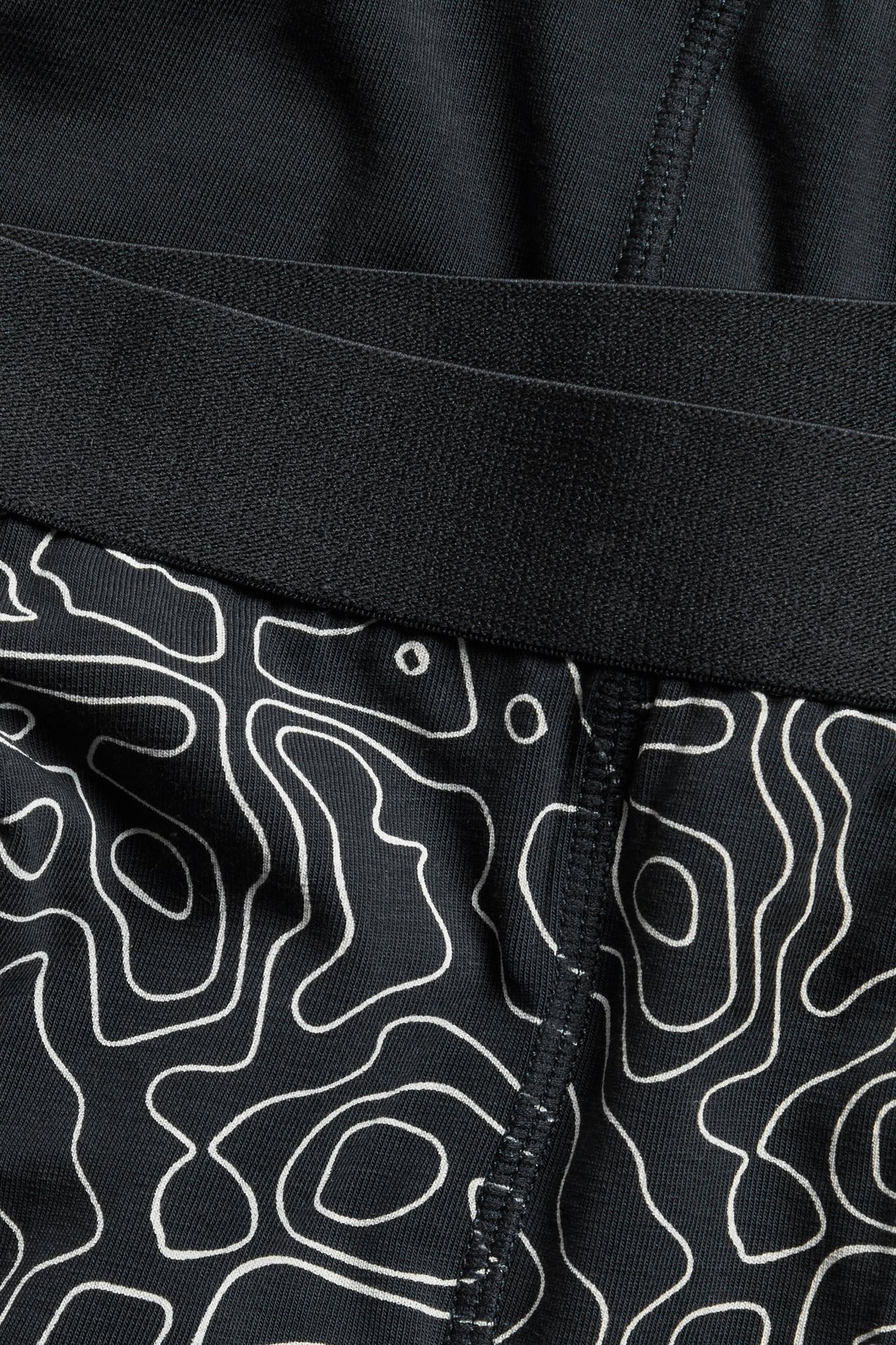 Zbliżenie na czarne bokserki dziecięce z białym abstrakcyjnym wzorem i czarną elastyczną talią.