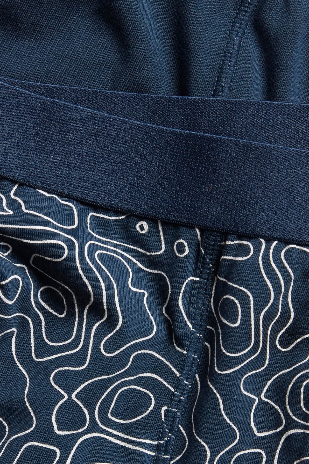 Lähikuva lasten tummansinisistä bokserishortseista: toisessa valkoinen topografinen kuvio, toinen yksivärinen tummansininen.