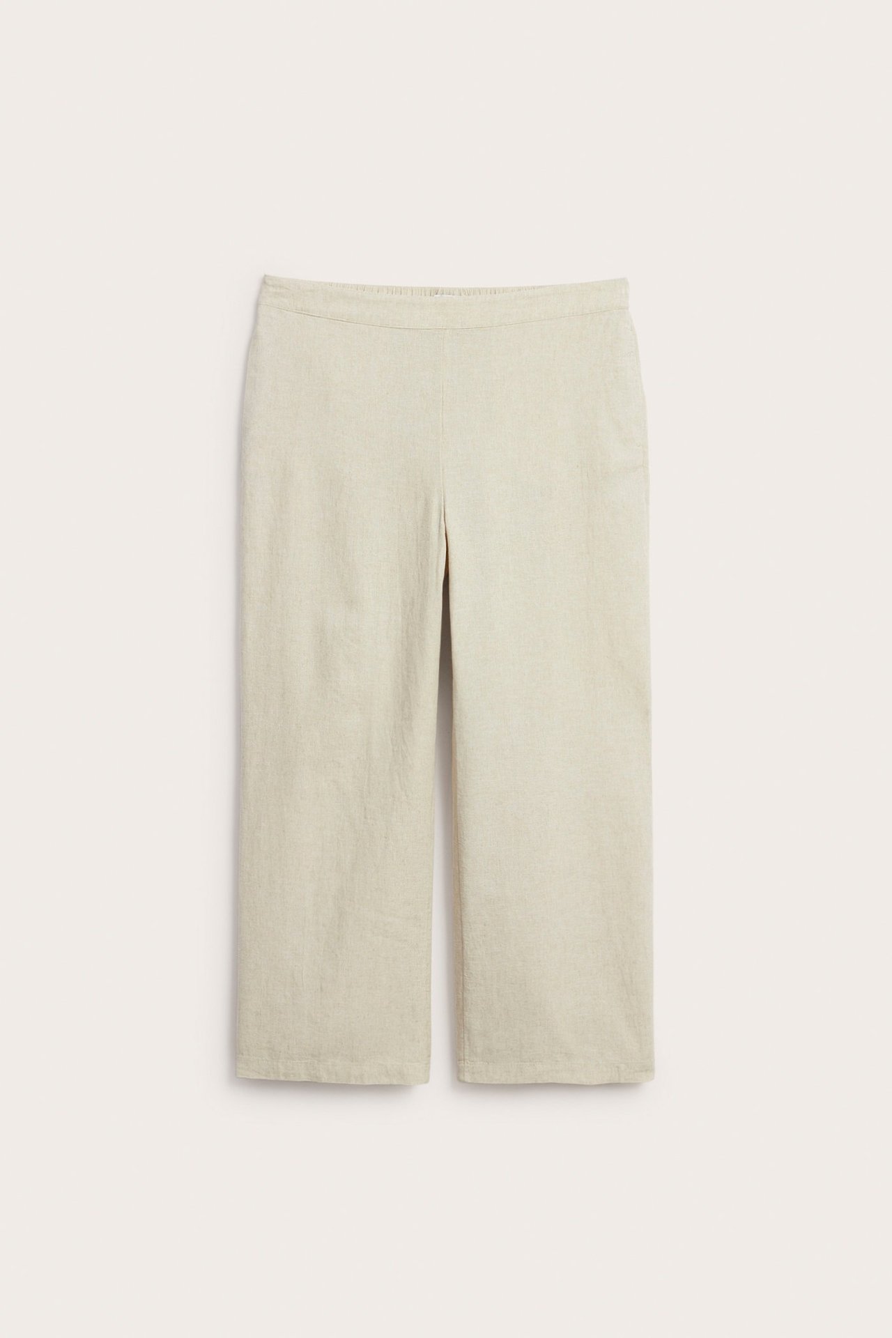 Frontvy av melerade beigefärgade pull on-linnemixbyxor med avslappnad passform och sidfickor.