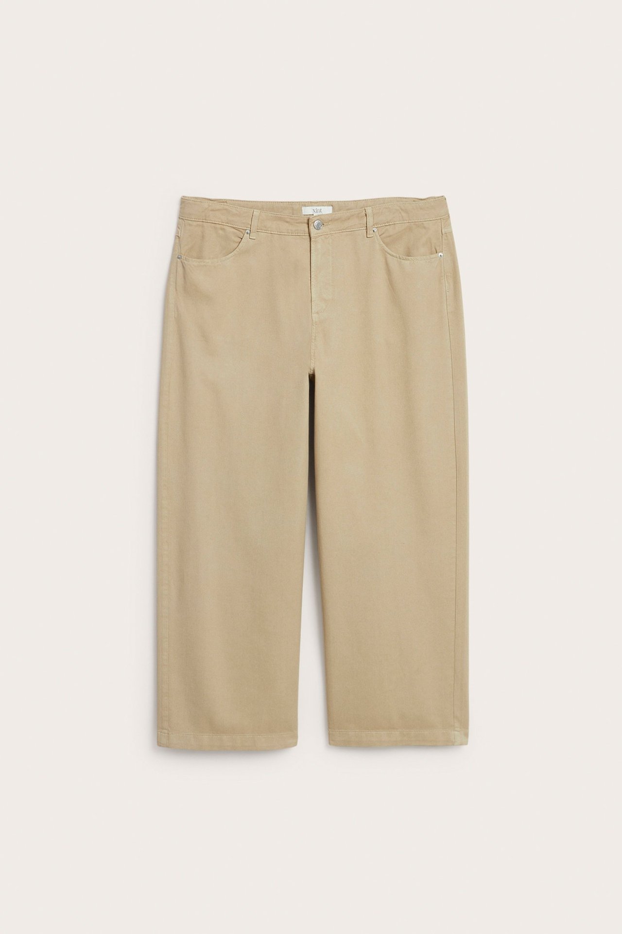 Widok z przodu: beżowe, jednobarwne spodnie z szerokimi nogawkami, z guzikami, zamkiem i przednimi kieszeniami.